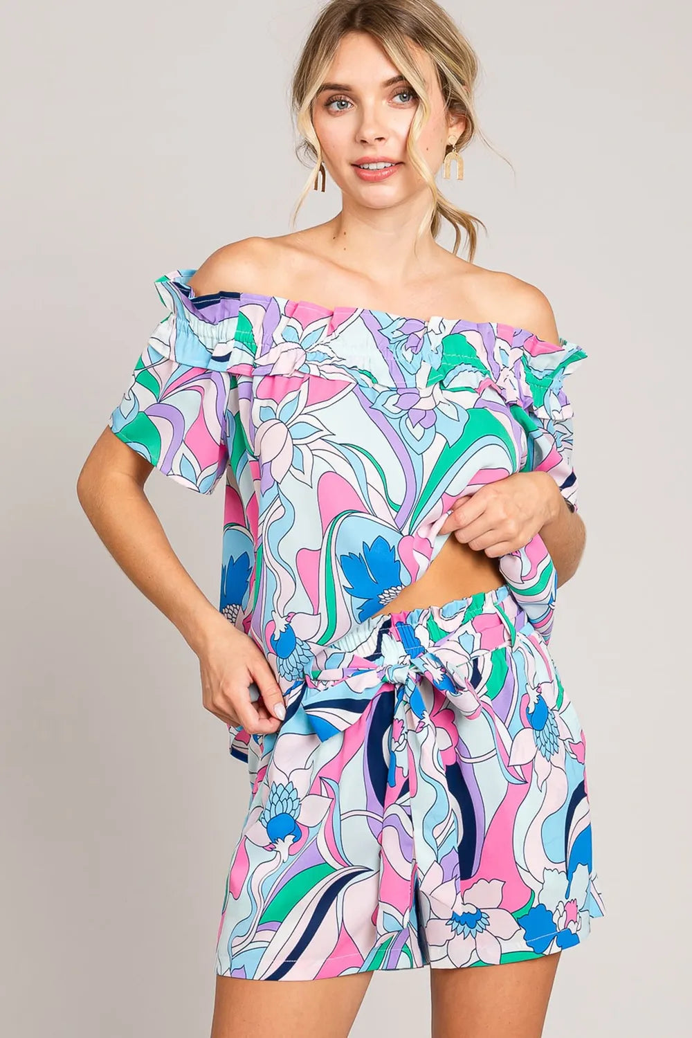 Cotton Bleu by Nu Label Abstracted Print Tie Front Shorts 95e6997f-006f-4dc1-b1c0-8365399da78d-Max