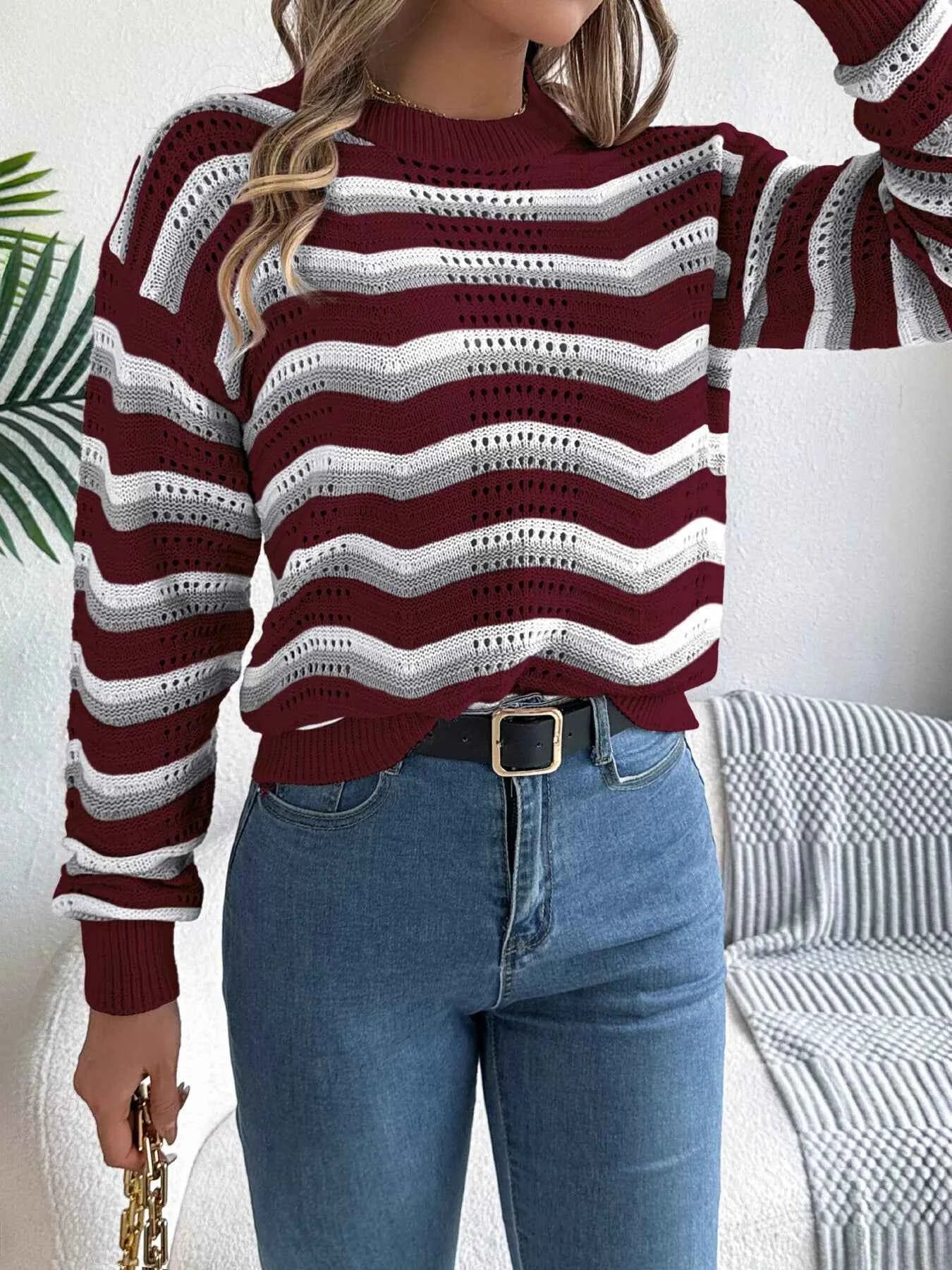 Striped Round Neck Long Sleeve Sweater 95f450be0bbe44e39f839e029a2db1d1-Max-Origin