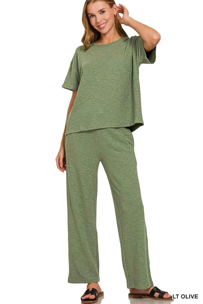 Zenana Slub Short Sleeve T-Shirt and Pants Set LT OLIVE 96077c989b194ab1a44702ebec167bab-Max-Origin