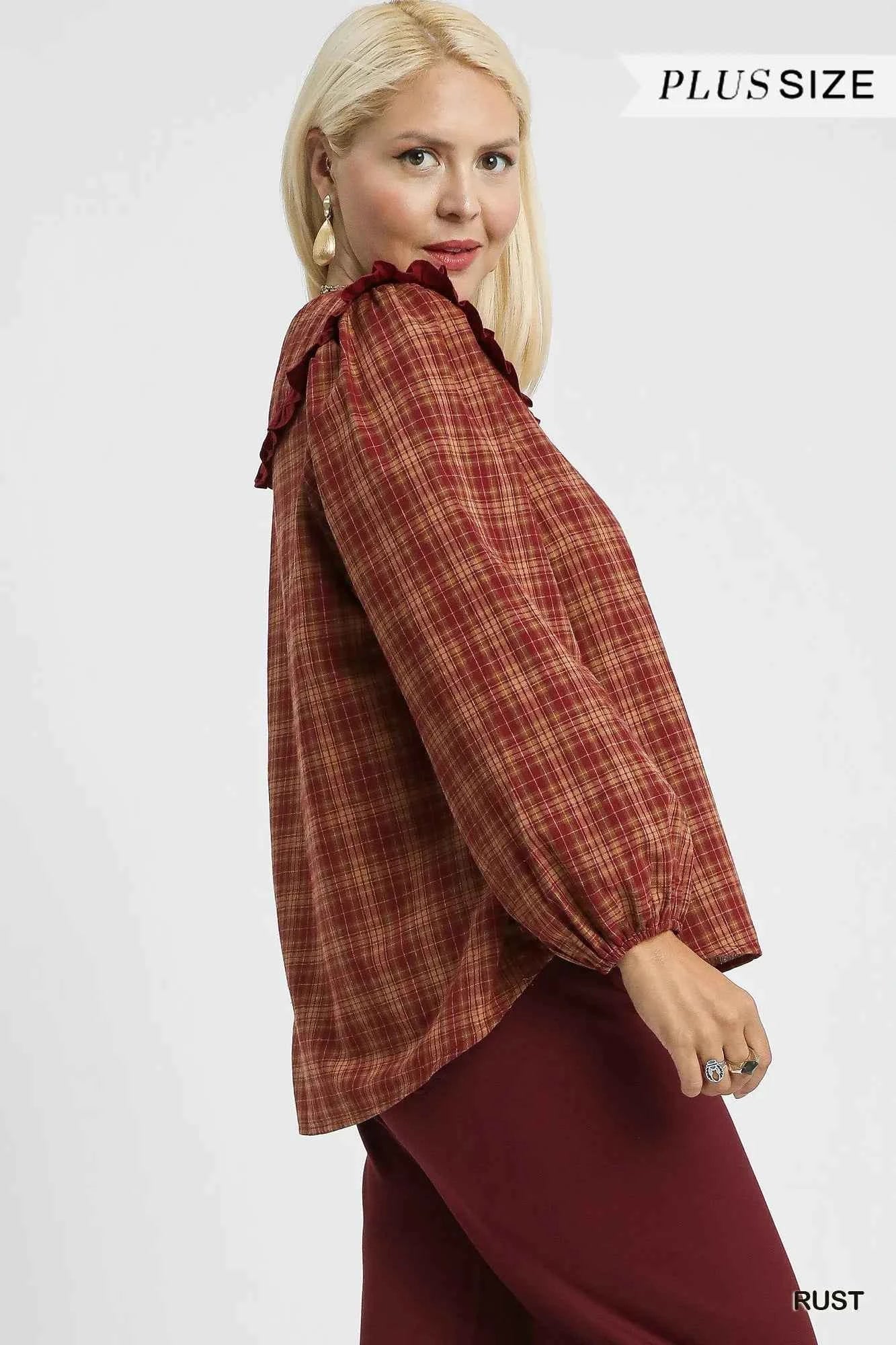 Umgee Full Size Plaid Ruffle Collar Blouse Plus Size 962ed263-8059-41de-b903-92ea3c1994d8-Max-Origin