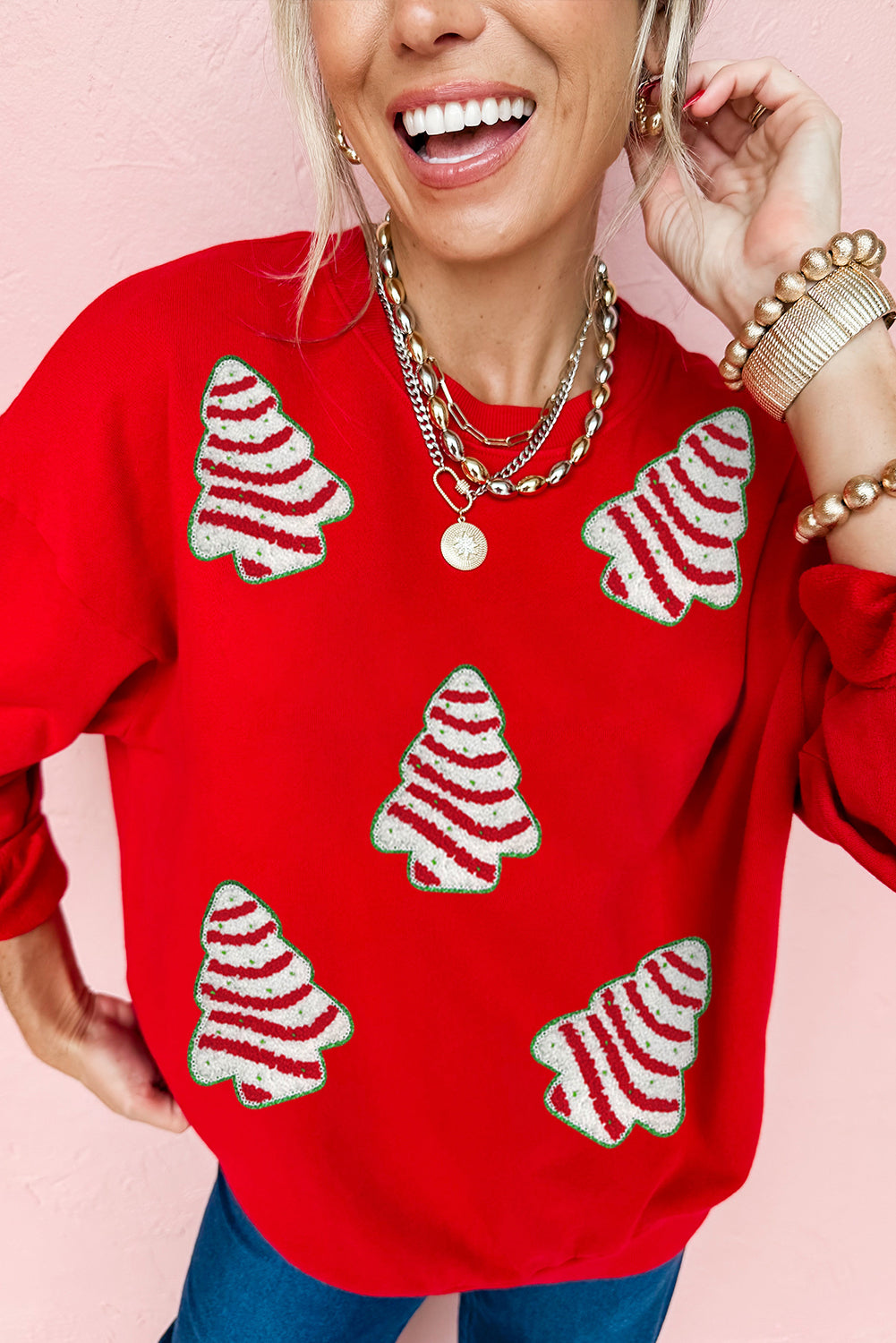 Red Playful Christmas Tree Patch Application Dropped Shoulder Sweatshirt 9632cb6371ad6b73