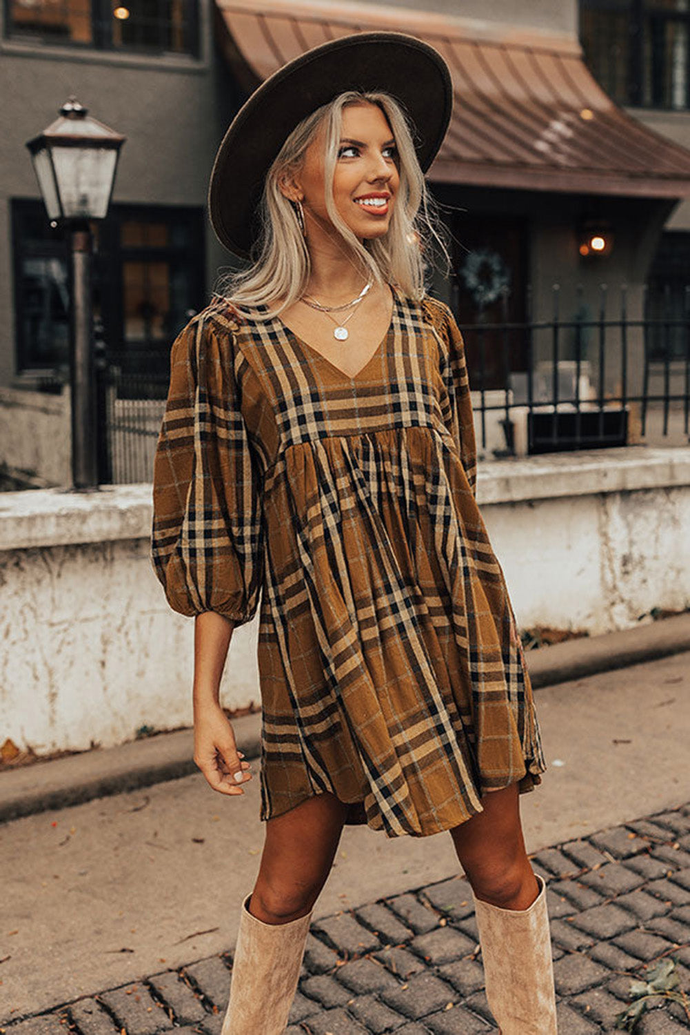 Brown Plaid Pattern Empire Waist Babydoll Dress 96480f29f7d800ef