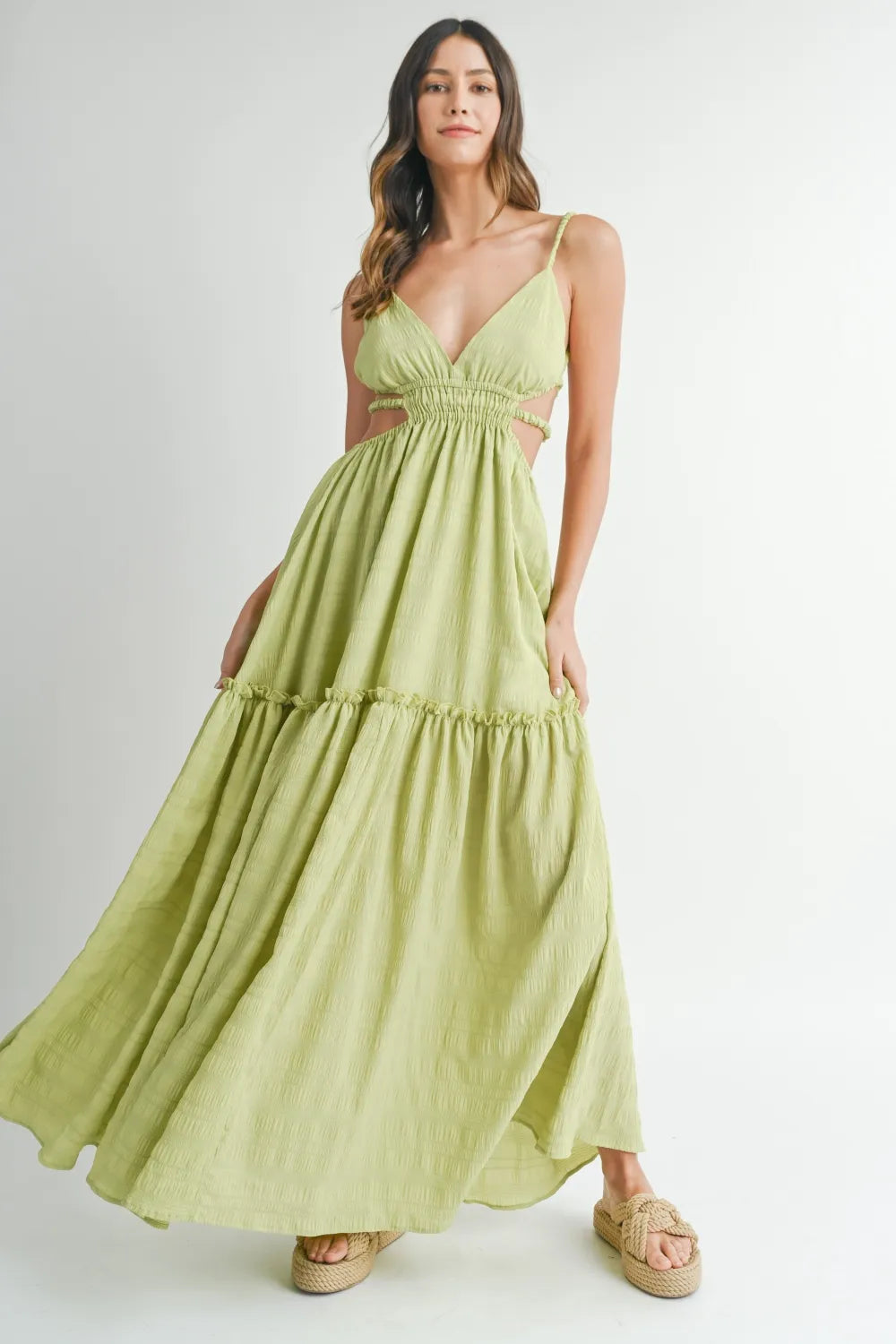 MABLE Cutout Waist Backless Maxi Dress Sage 971774bd-b3e3-45d5-a39a-92f0b3863ee3-Max