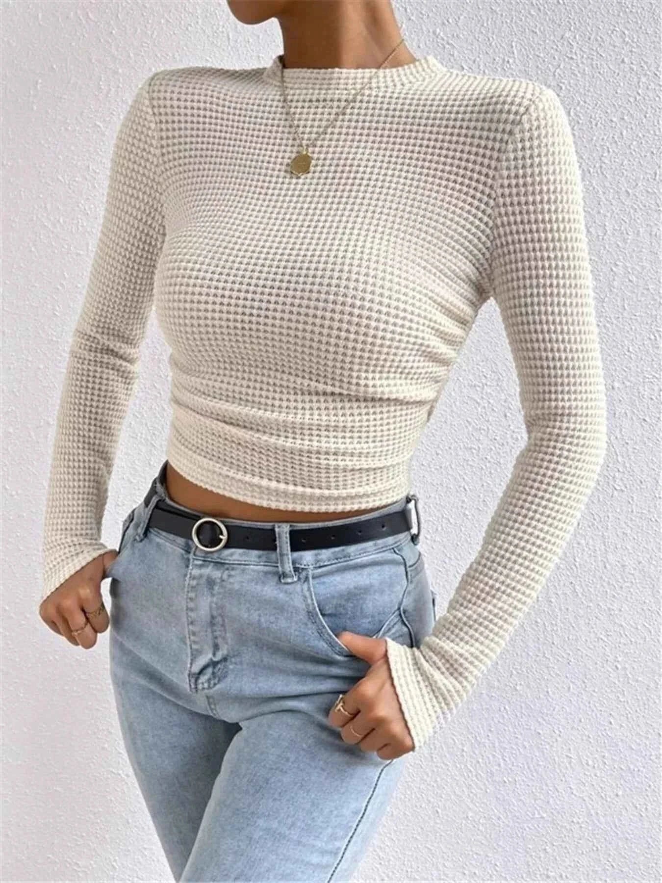 Waffle Knit Long Sleeve T-Shirt Beige 971e868749ce41db90acedda911ff0c5-Max-Origin