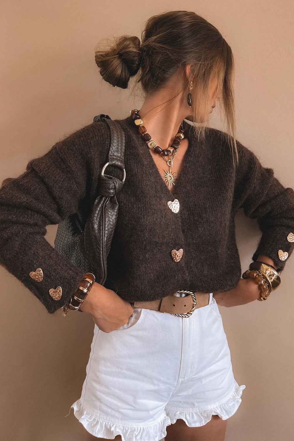 Chicory Coffee V Neck Metallic Heart Button Knit Cardigan 97358a4226071787