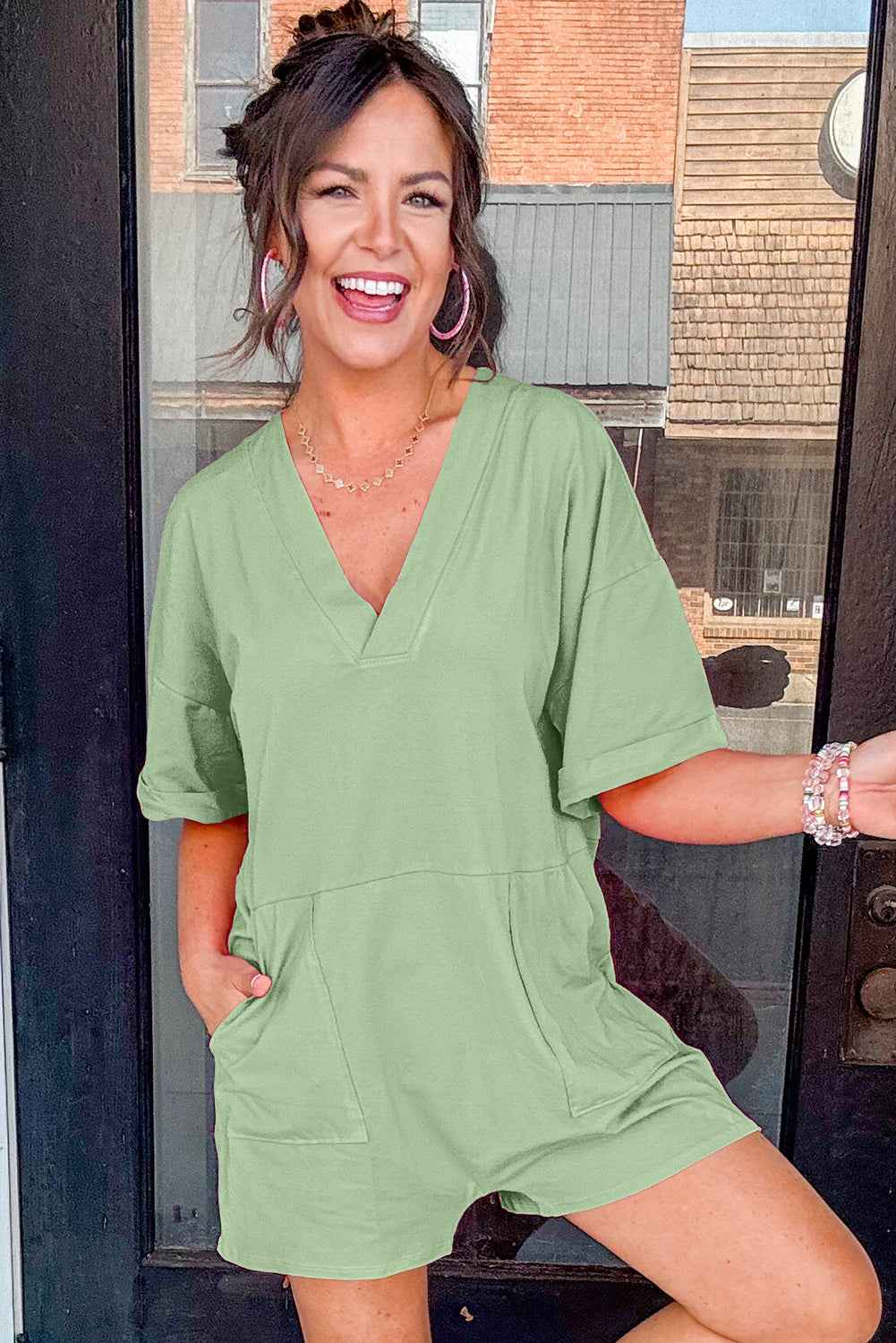 Bonbon Loose Half Sleeve V Neck Plain Romper 97647f0d393610bb