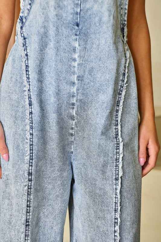 Denim Frayed Reverse Seam Wide Leg Overall 97a296c9-3d66-40a7-b99a-dba4584520c6