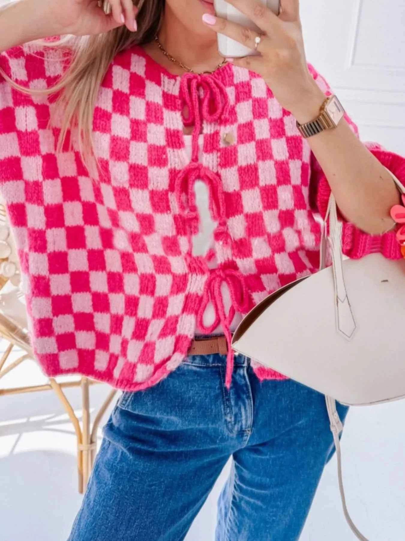 Checkered Tie-Front Knit Cardigan 97b05765-95b7-4a06-ad25-712d0c9a7820-Max-Origin