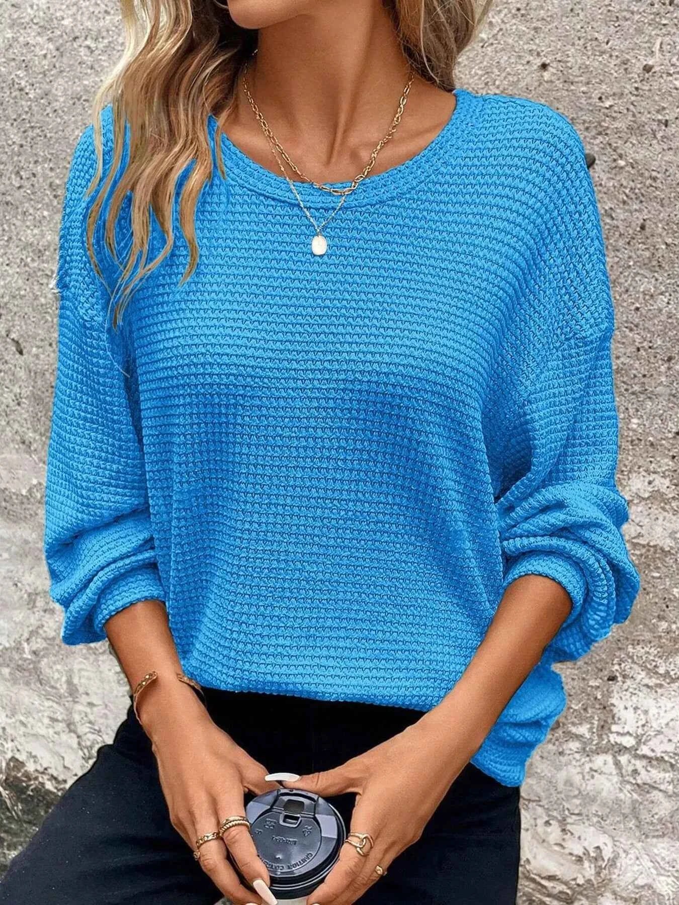 Plus Size Relaxed Fit Waffle Knit Round Neck T-Shirt Royal Blue 982a98dd1aa94f2d995afe92b183d0a3-Max-Origin