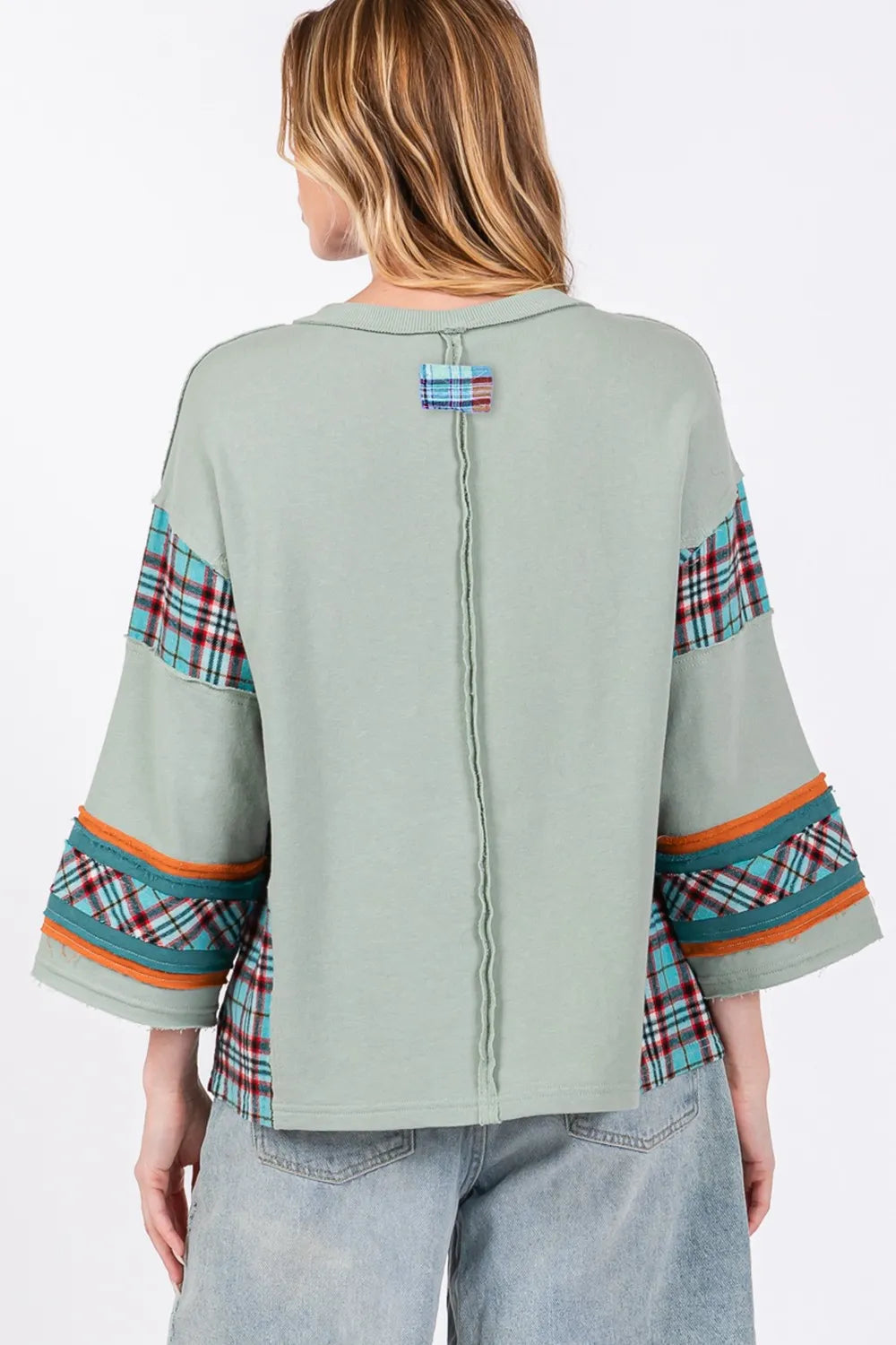 SAGE + FIG Peace Applique Patch Contrast Plaid Top 98725d24-680b-497d-b840-7397f1dc8013-Max