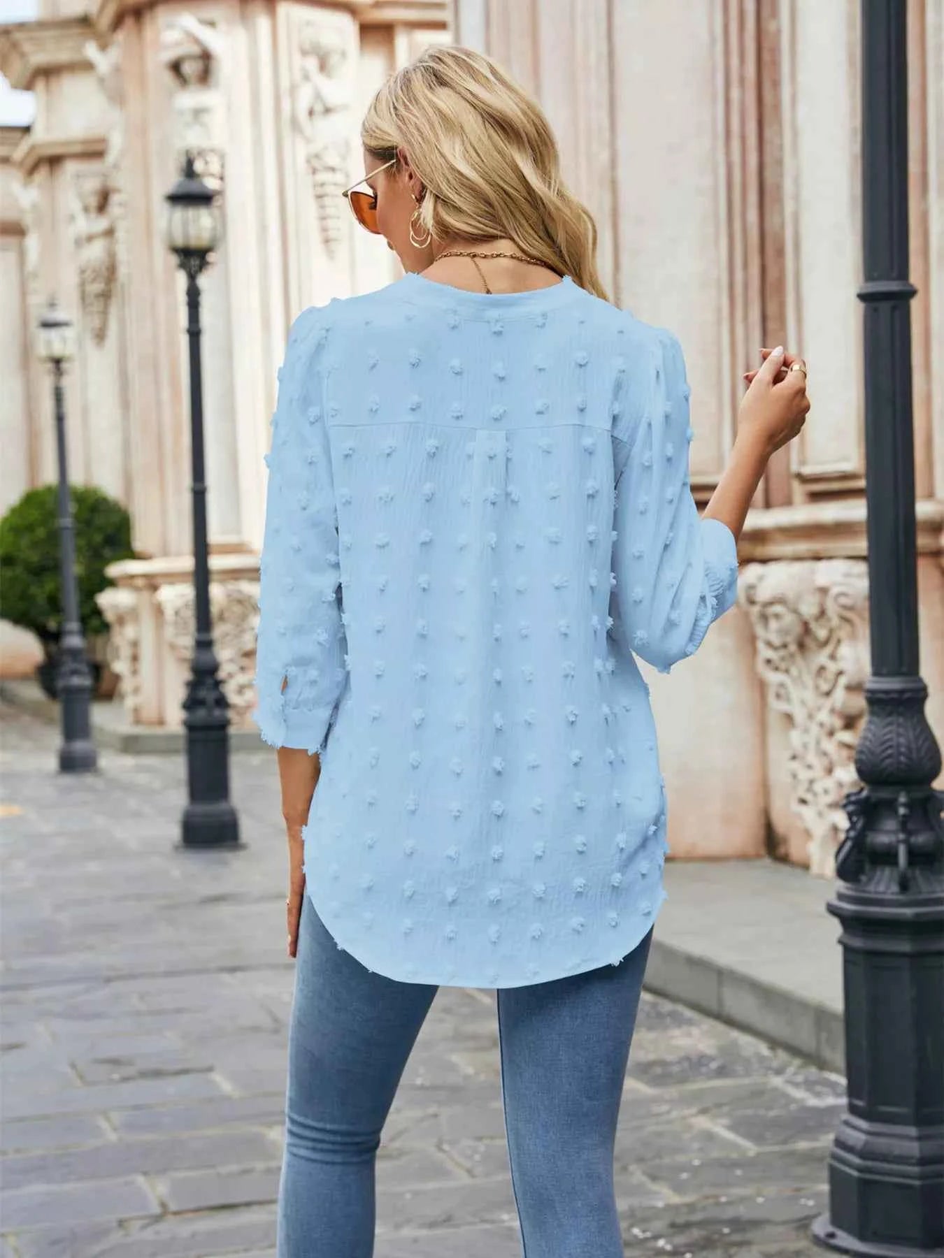 Swiss Dot Notched 3/4 Sleeve Blouse 98892c71da6c4760aebe4da55a724349-Max-Origin