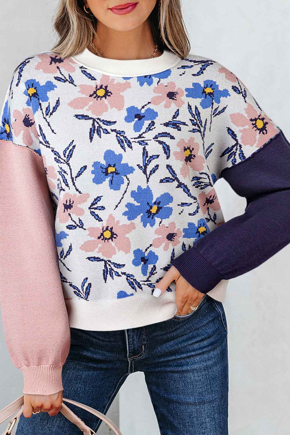 Khaki Vibrant Floral Contrast Colorblock Sleeve Pullover Sweater Khaki 52%Viscose+26%Polyester+22%Polyamide 98fa0394932b80cc