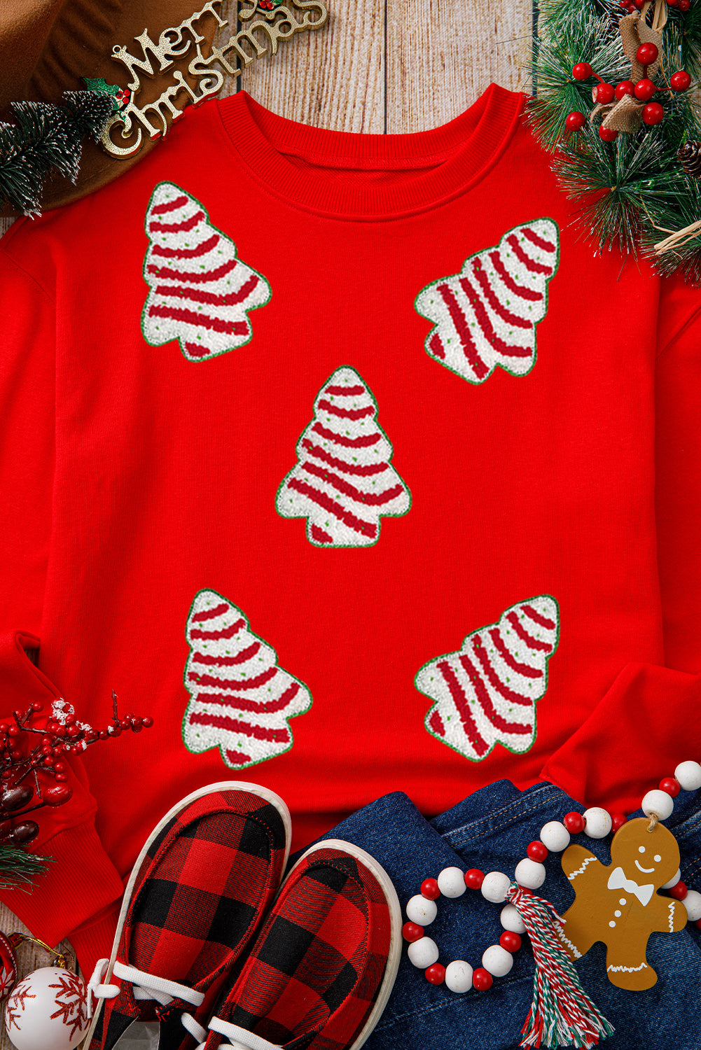 Red Playful Christmas Tree Patch Application Dropped Shoulder Sweatshirt Red 50%Polyester+50%Cotton 990a100fe11b980e