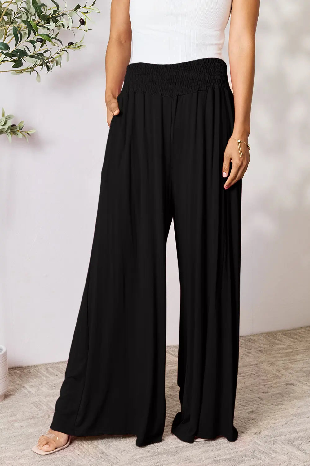 Basic Bae Full Size Smocked Wide Waistband Wide Leg Pants Black 99353f3cfe3c4195aedf62fe8432cf9f-Max