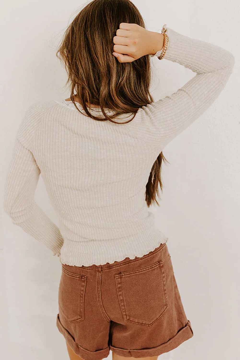 Beige Lace Neckline Button Decor Lettuce Edge Long Sleeve Ribbed Top 99872a12839ddb02