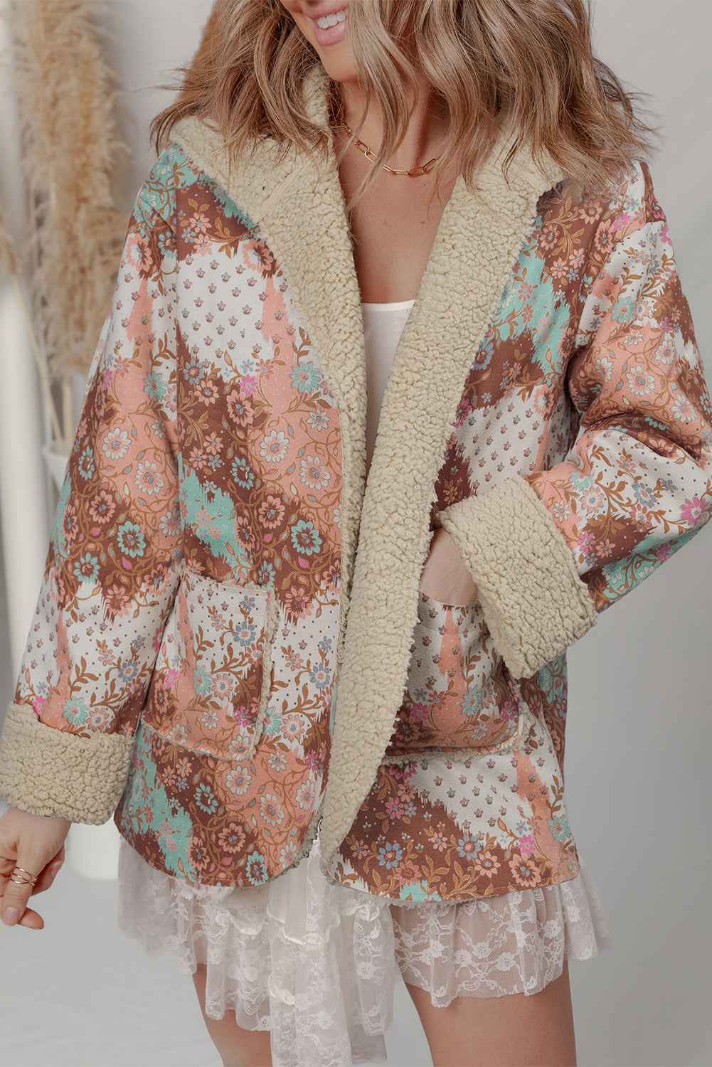 Beige Vintage Paisley Floral Printed Sherpa Lined Hooded Jacket Khaki 100%Polyester 99d52a27b896f72b