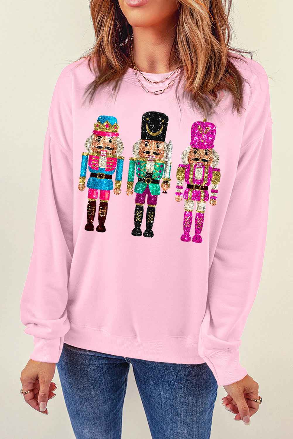 Pink Cute Nutcracker Heat Transfer Printing Graphic Drop Shoulder Christmas Sweatshirt 99e6da51435b4f77