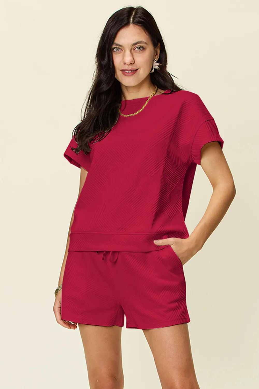 Double Take Full Size Texture Short Sleeve T-Shirt and Drawstring Shorts Set Deep Red 99f5e93a-a146-499b-9bef-91dd472cd848-Max