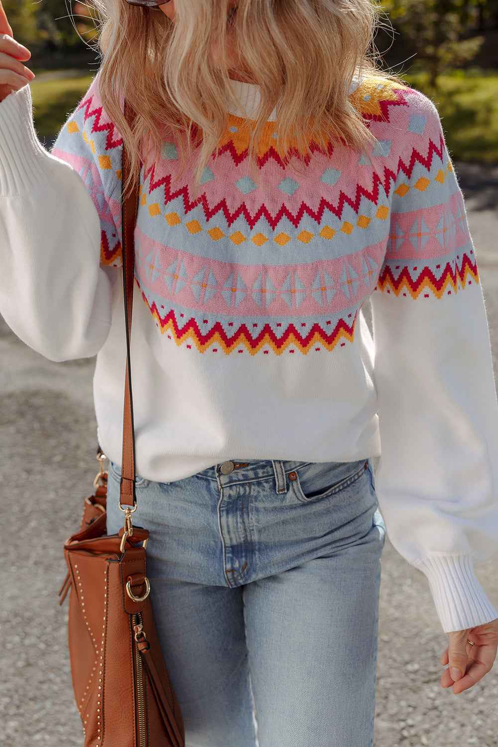 White Ethnic Geometric Colorblock Pattern Drop Shoulder Sweater 9a30649d153f0e51
