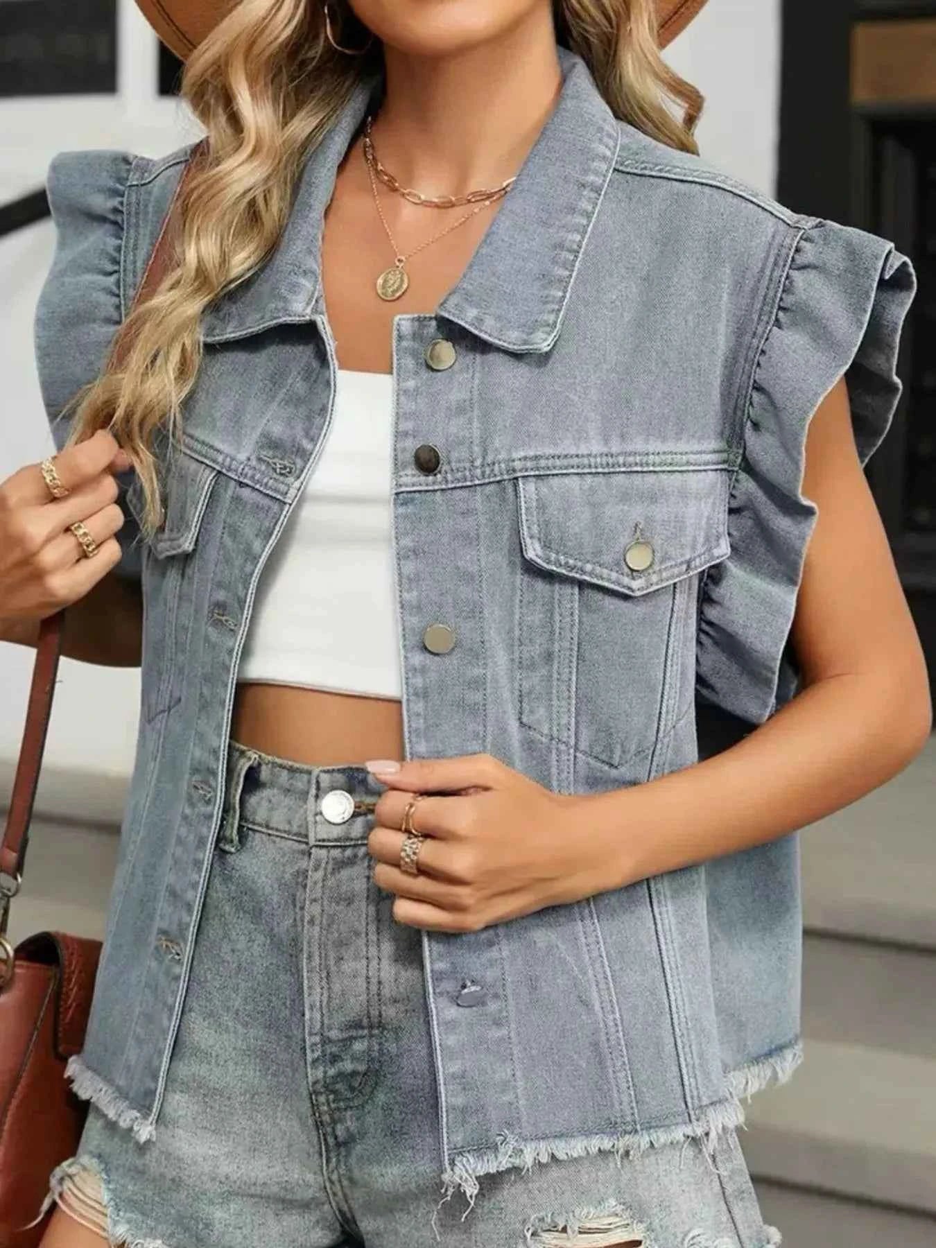 Ruffled Raw Hem Button Up Denim Jacket 9aa67510-d7f0-446c-9237-c030365f600c-Max-Origin