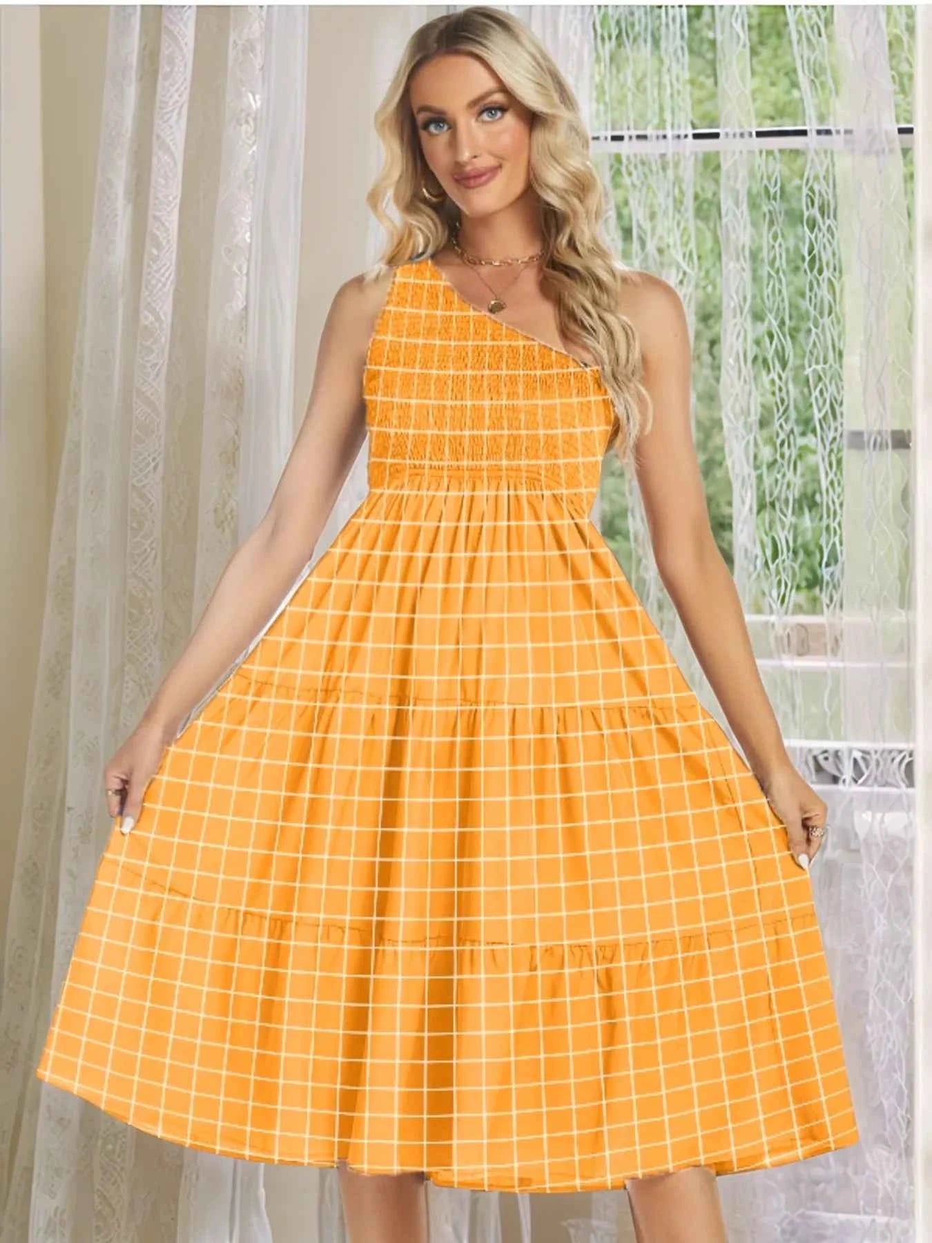 One-Shoulder Tiered Midi Dress with Smocked Bodice Yellow Plaid 9aedc486-a6ab-4e12-9d9b-ab89200d2630-Max-Origin