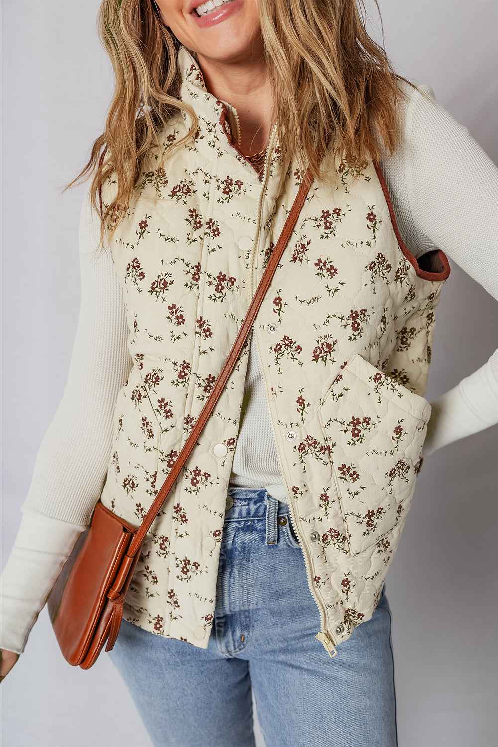 Apricot Floral Print Zip Up Quilted Warm Vest 9b8f7059b947f797