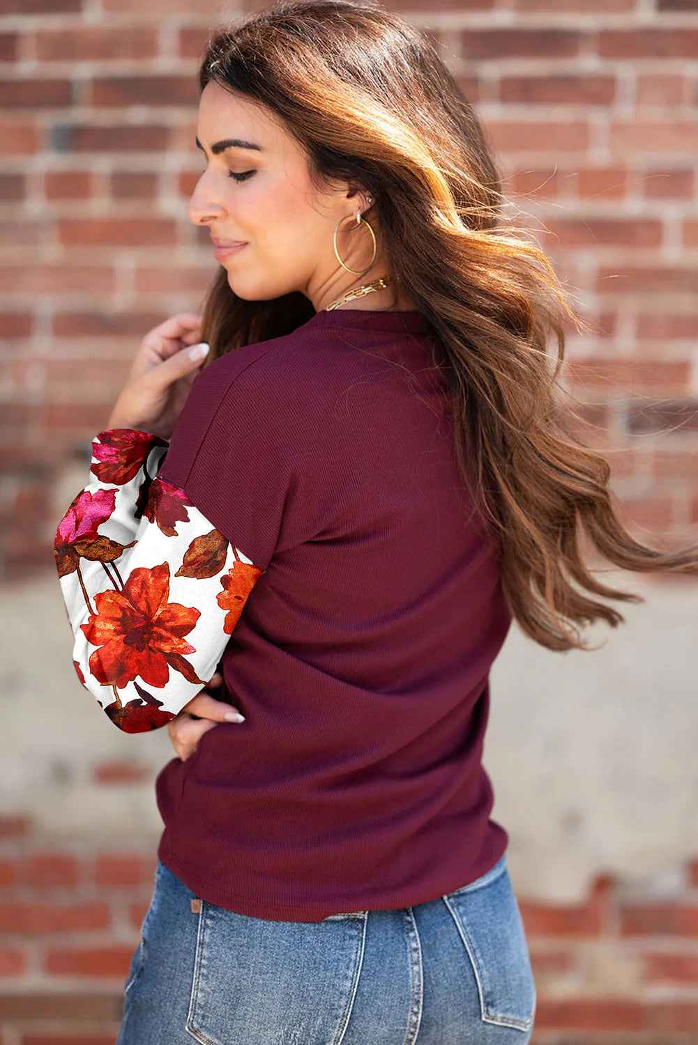Wild Ginger Classic Floral Sleeve Patchwork Round Neck Blouse 9c3c55b1b2a5c96d