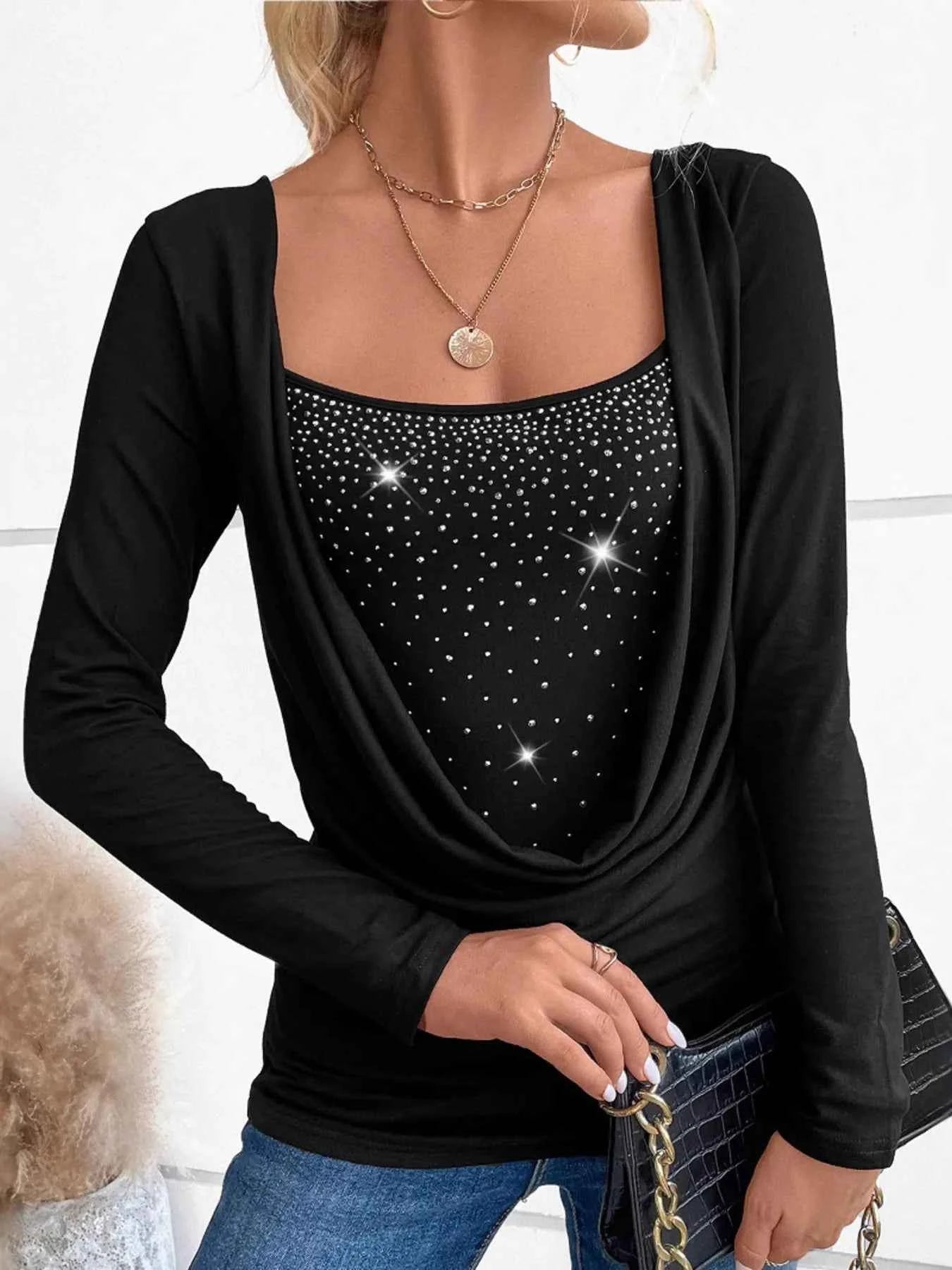 Rhinestone Ruched Long Sleeve T-Shirt 9c413de89d0e4105918b711b07acb9cd-Max-Origin