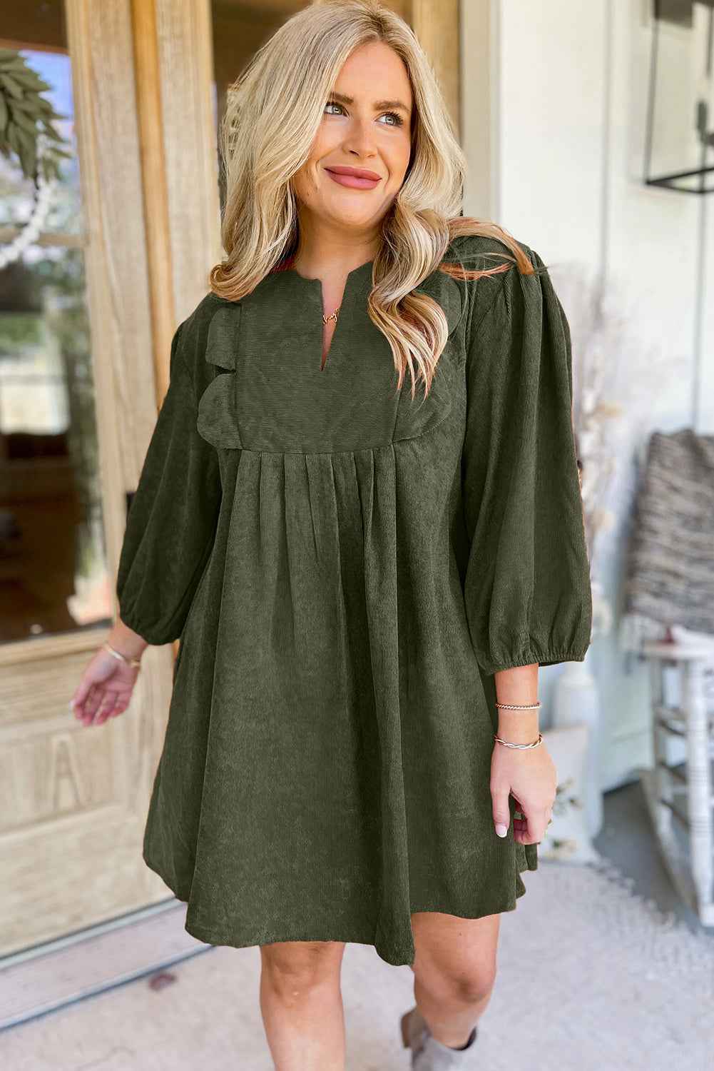 Moss Green Split Neck Scallop Detail Pleated Corduroy Mini Dress 9c74376e3d3bfbf1