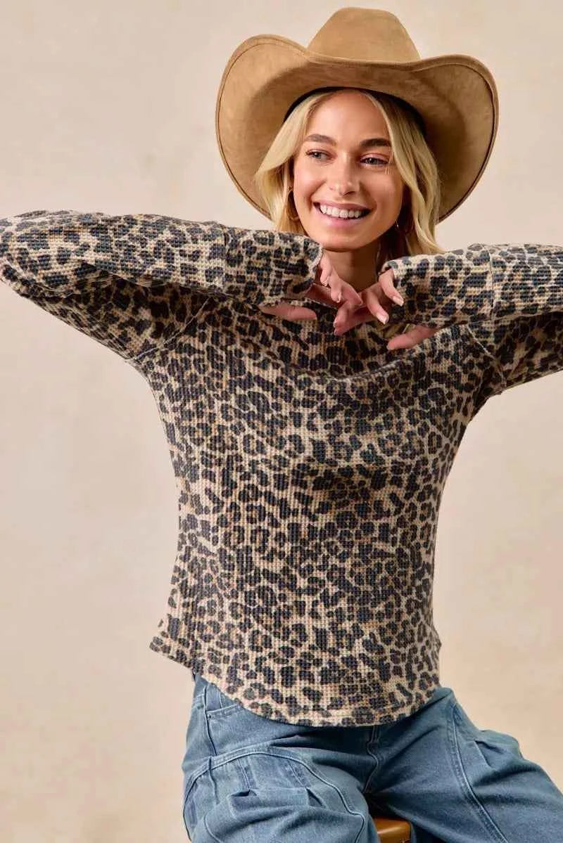 BiBi Leopard Print Washed Waffle Thermal Top with Thumb 9d30326ec5e54b75a8ef8f3408d472e3-Max-Origin