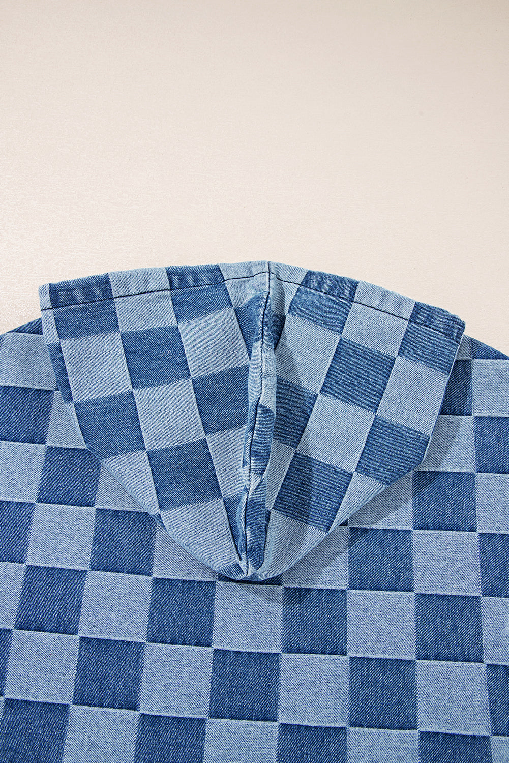 Sky Blue Checkerboard Zipped Collar Kangaroo Pocket Denim Hoodie 9d925b97bca93b04