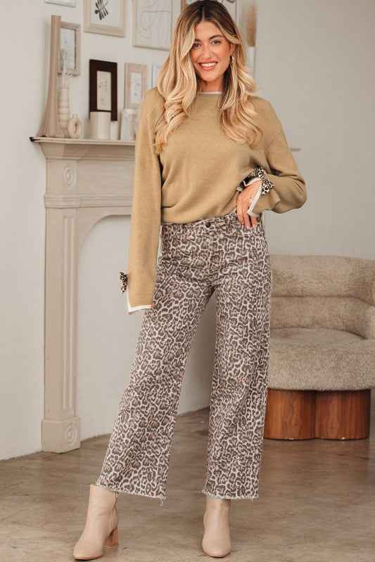 Leopard Bow Split Cuff Contrast Trim Sweater 9dad80a4-9092-4e88-b656-4be537d21b30