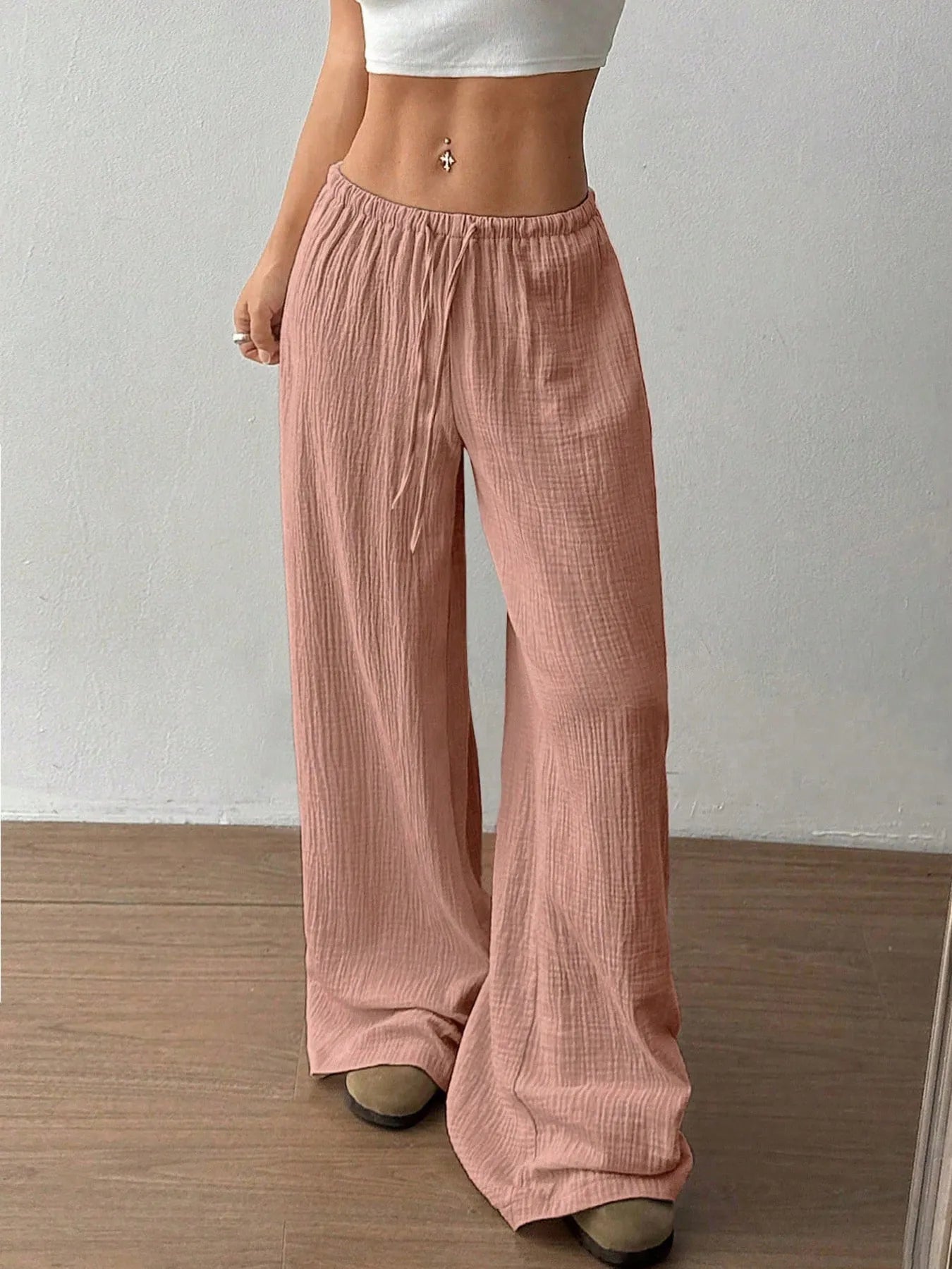 Drawstring Wide-Leg Casual Pants Pink 9e54704115a840098fa4f1290cb2f5b2-Max-Origin