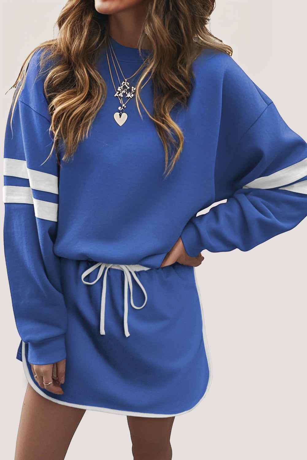 Evergreen Varsity Stripe Detail Drop Shoulder Pullover Mini Skort Set 9eab58e269548b71