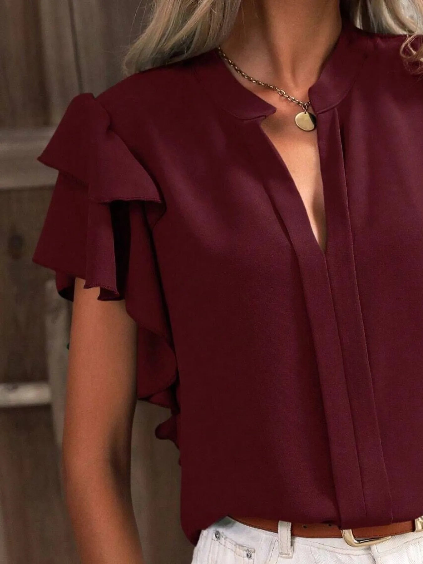 Ruffle Sleeve Notched Blouse 9eb25c3d-135f-47fd-893b-ceb84b8ef8f3-Max-Origin