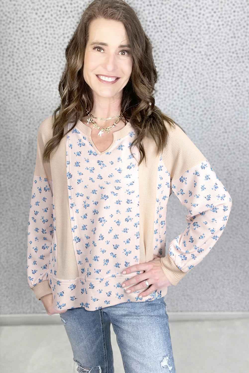 Beige Floral Print Waffle Patchwork Balloon Sleeve V Neck Oversized Top 9f06a38fa7fdfcfb