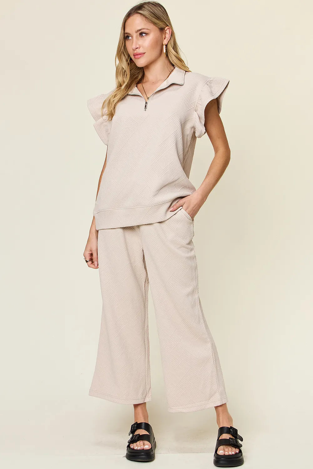 Double Take Texture Ruffle Short Sleeve Top and Drawstring Wide Leg Pants Set Dust Storm 9f482a96-1e51-4b62-aeb9-e9f7cd12b782-Max