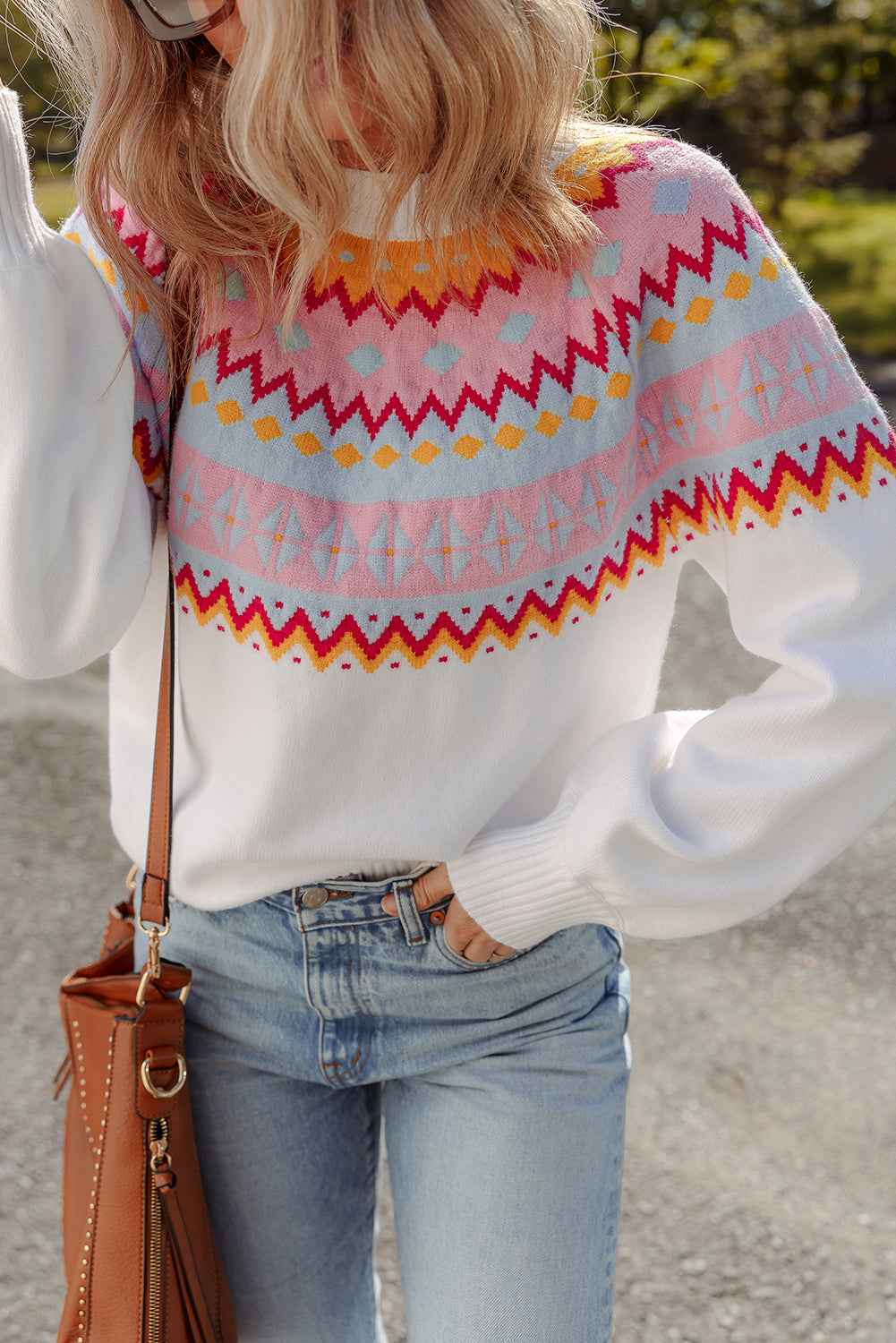 White Ethnic Geometric Colorblock Pattern Drop Shoulder Sweater 9fab4759b7b62991