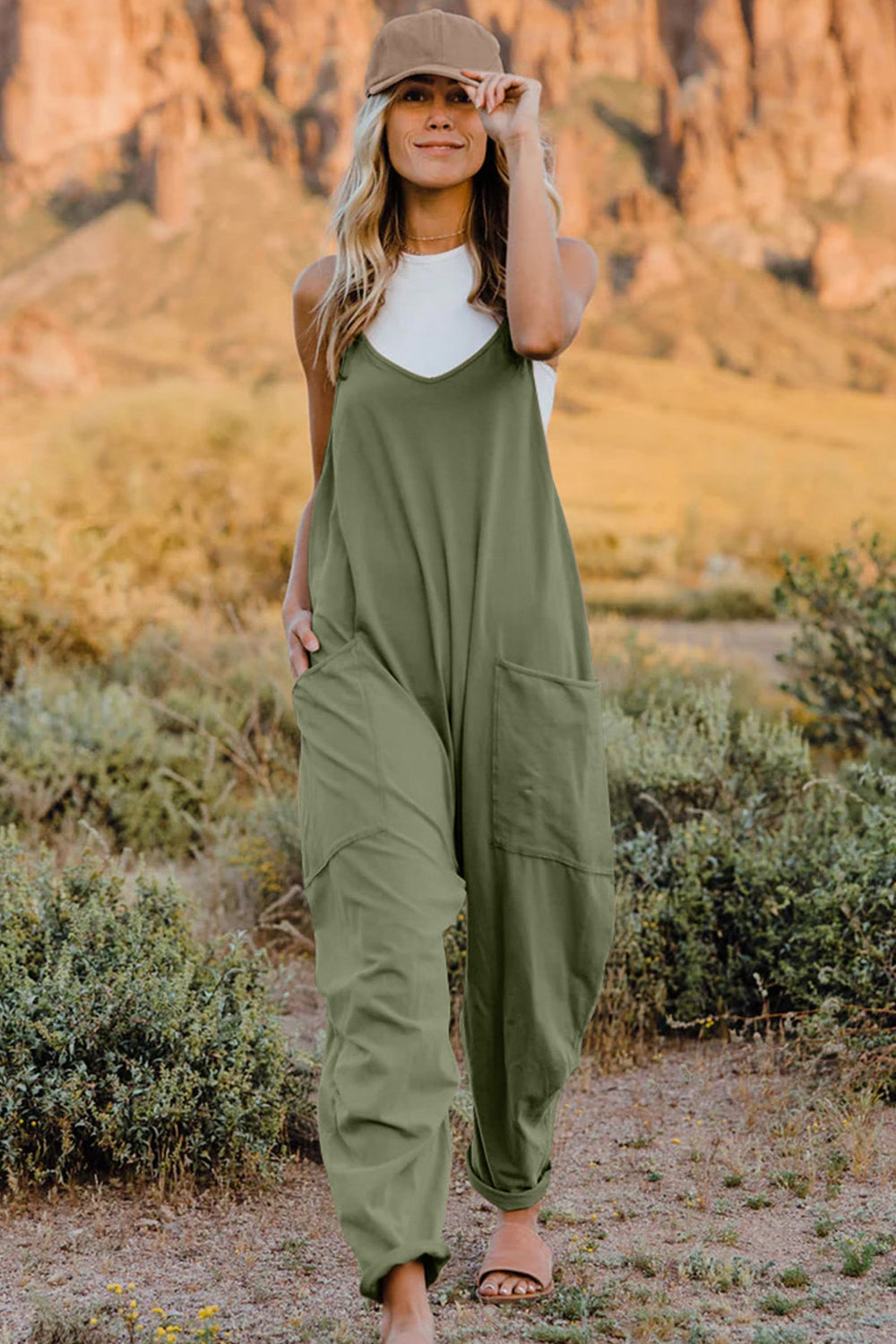 Double Take Full Size V-Neck Sleeveless Jumpsuit with Pockets Army Green 9fb47846ec6e441193eb03b9a9ee9c11-Max