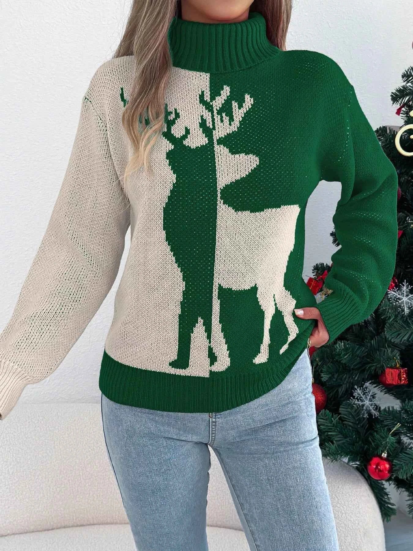 Christmas Reindeer Turtleneck Sweater Green 9fc13260-8338-42ef-aaab-027529c7ae77-Max-Origin