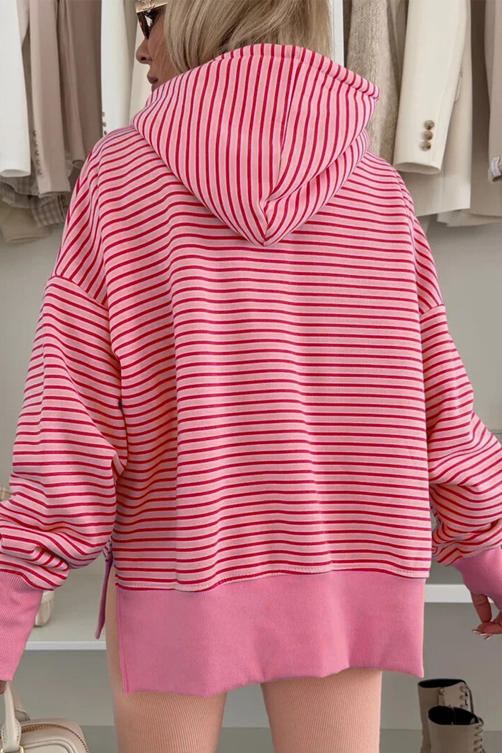 Rose Stripe Thumbhole Side Slits Drop Shoulder Loose Fit Hoodie a04963e0ff691a12