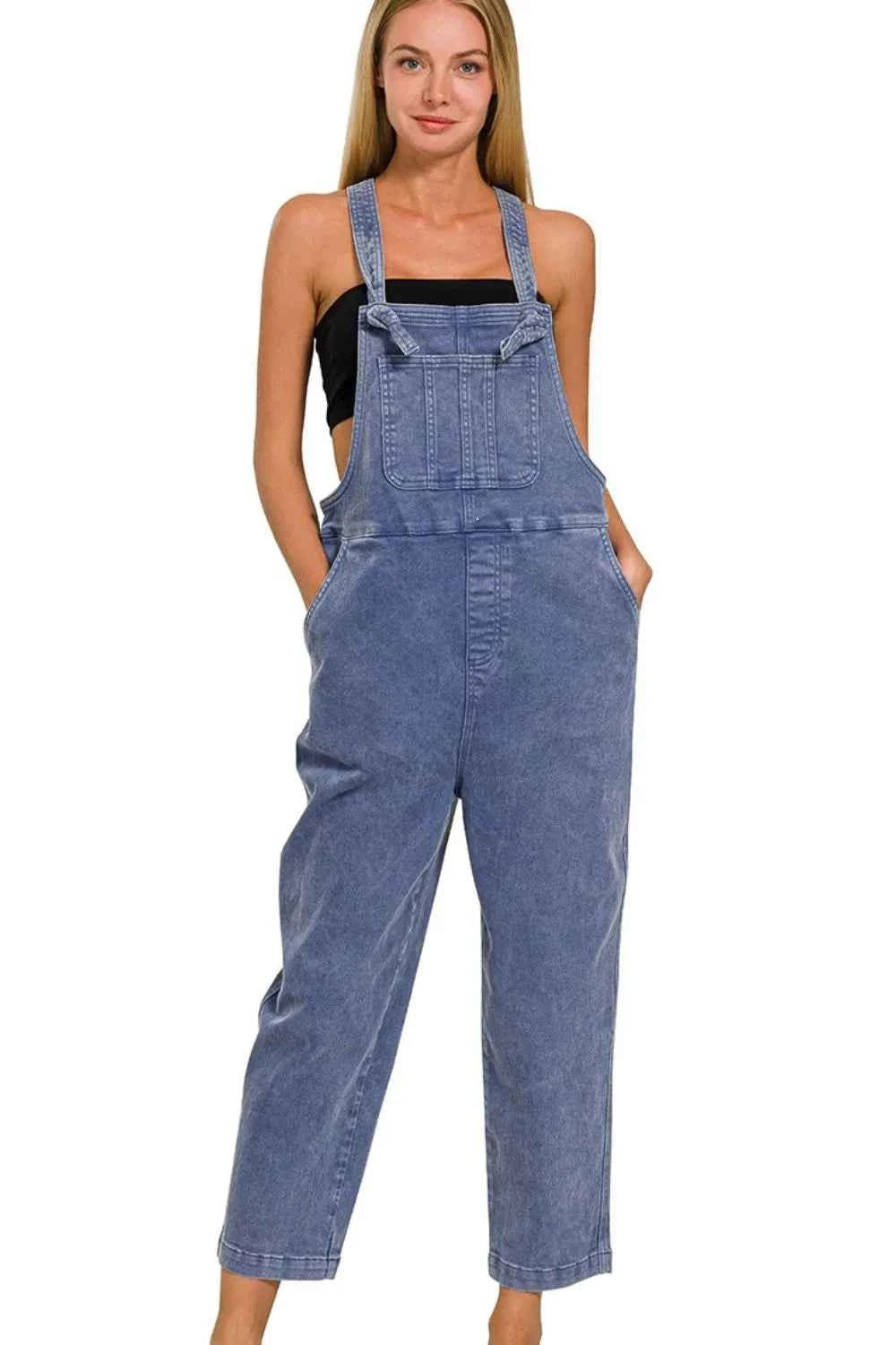 Zenana Washed Knot Strap Relaxed Fit Overalls BLACKBERRY a068bce2-65e0-4415-ab0d-90b105243a1c-Max-Origin