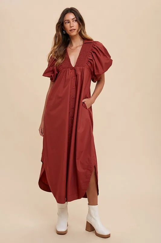 Annie Wear Smocked Puff Sleeve Midi Dress Burgundy a0c7f193-dc66-4918-9fcd-1ff96b5ceee9-Max