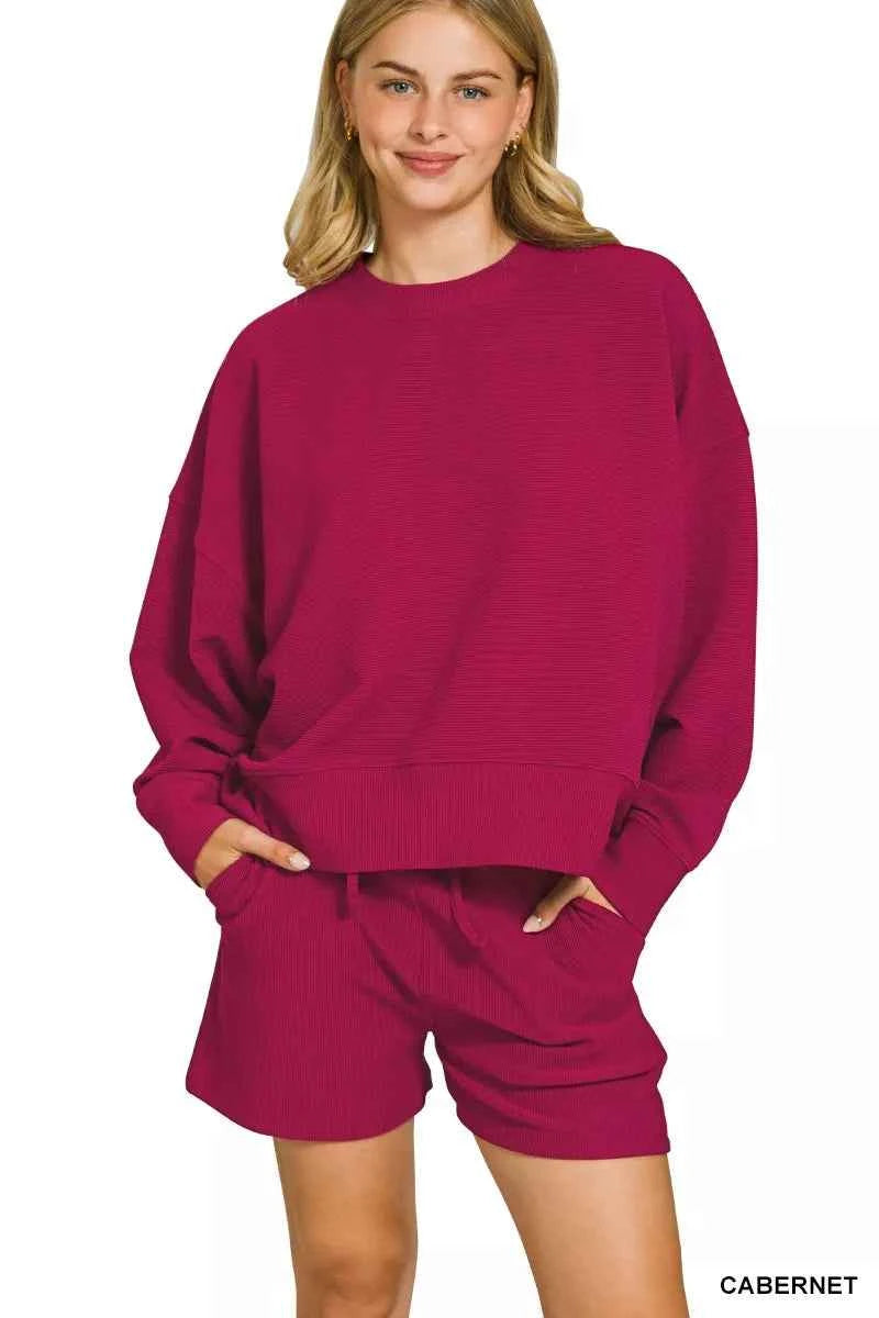 Zenana Ribbed Round Neck Pullover and Shorts Set CABERNET a15ba23a5ed8470084e8dd944f42daf4-Max-Origin