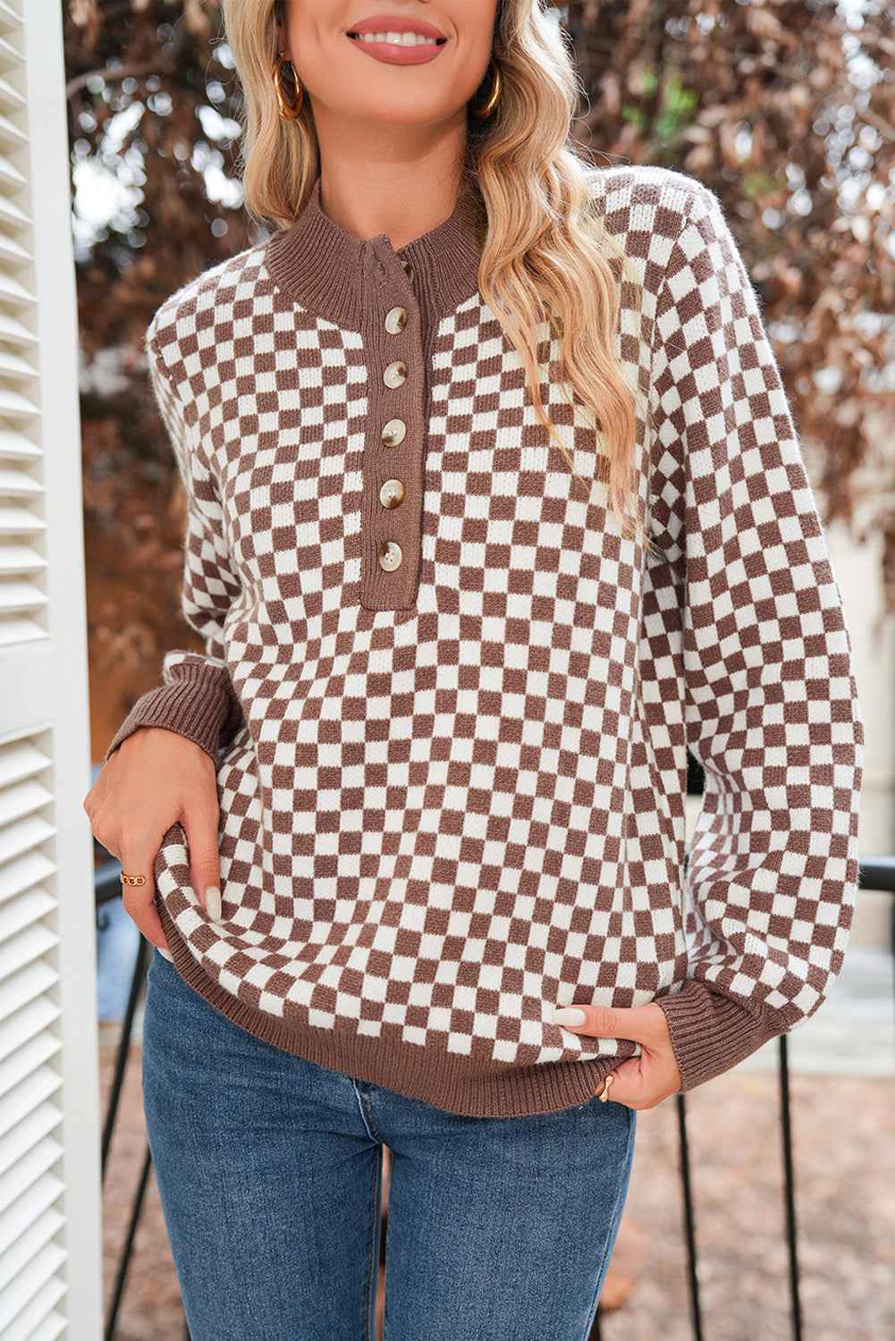 Dark Brown Plaid Contrast Trim Button Neck Sweater a1740b45a981954d
