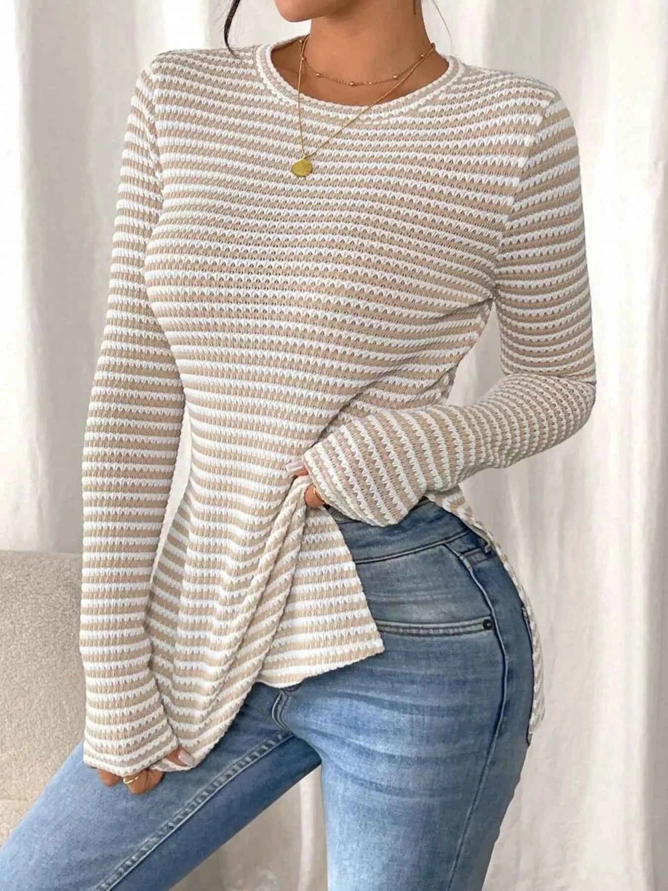 Side Slit Striped Long Sleeve T-Shirt Apricot a17f508a80cf4eeeb5c6573a97c22b4a-Max-Origin