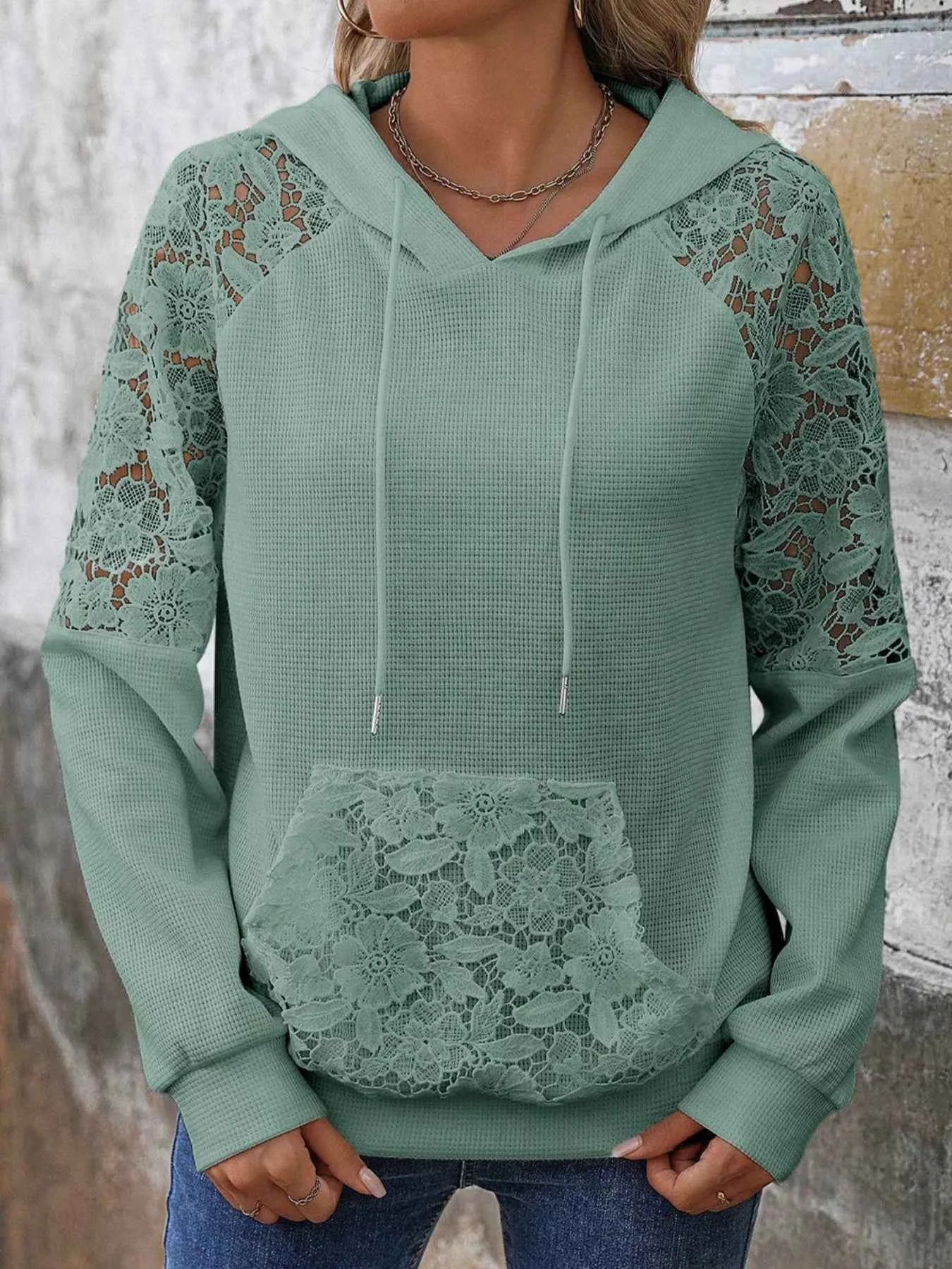 Lace Detail Drawstring Long Sleeve Hoodie a1aa29e3-0925-469e-909a-b1f920557c03-Max-Origin