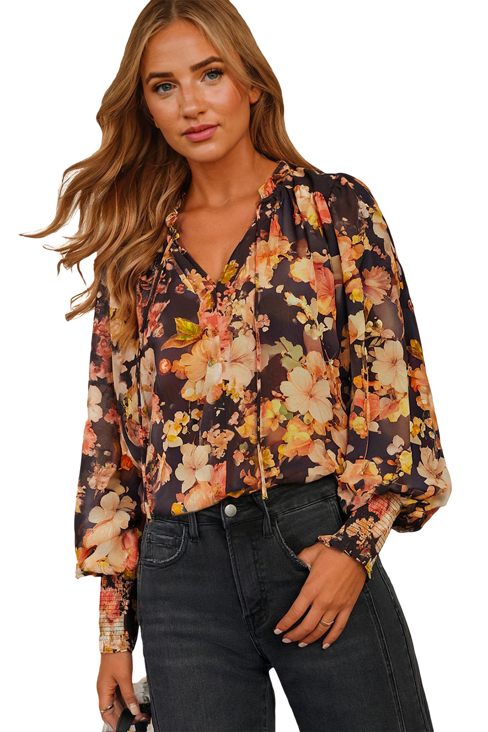 Black Floral V Neck Long Puff Sleeve Breezy Blouse a1b2fb94f7b6b414