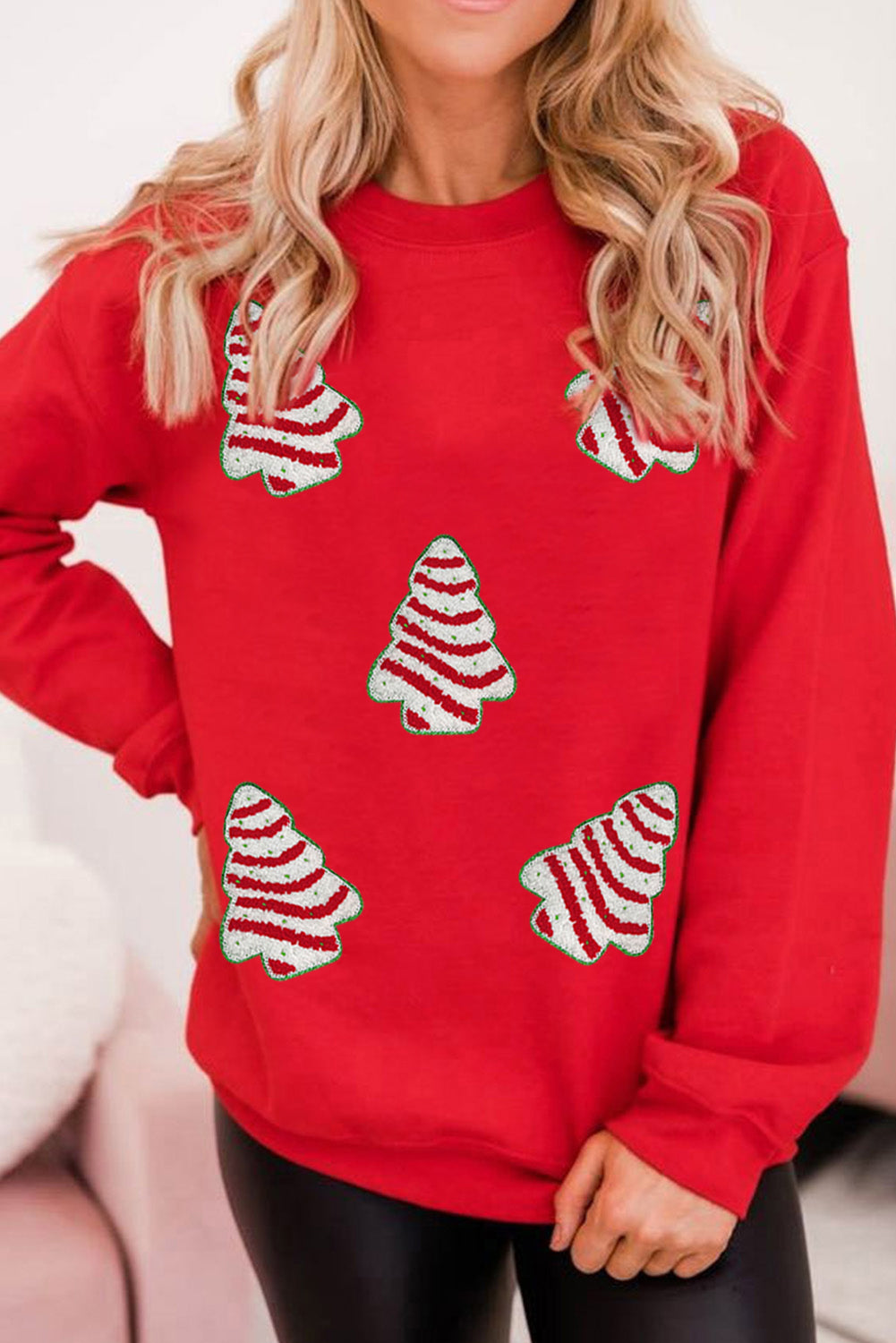 Red Playful Christmas Tree Patch Application Dropped Shoulder Sweatshirt a24483321324e1e4