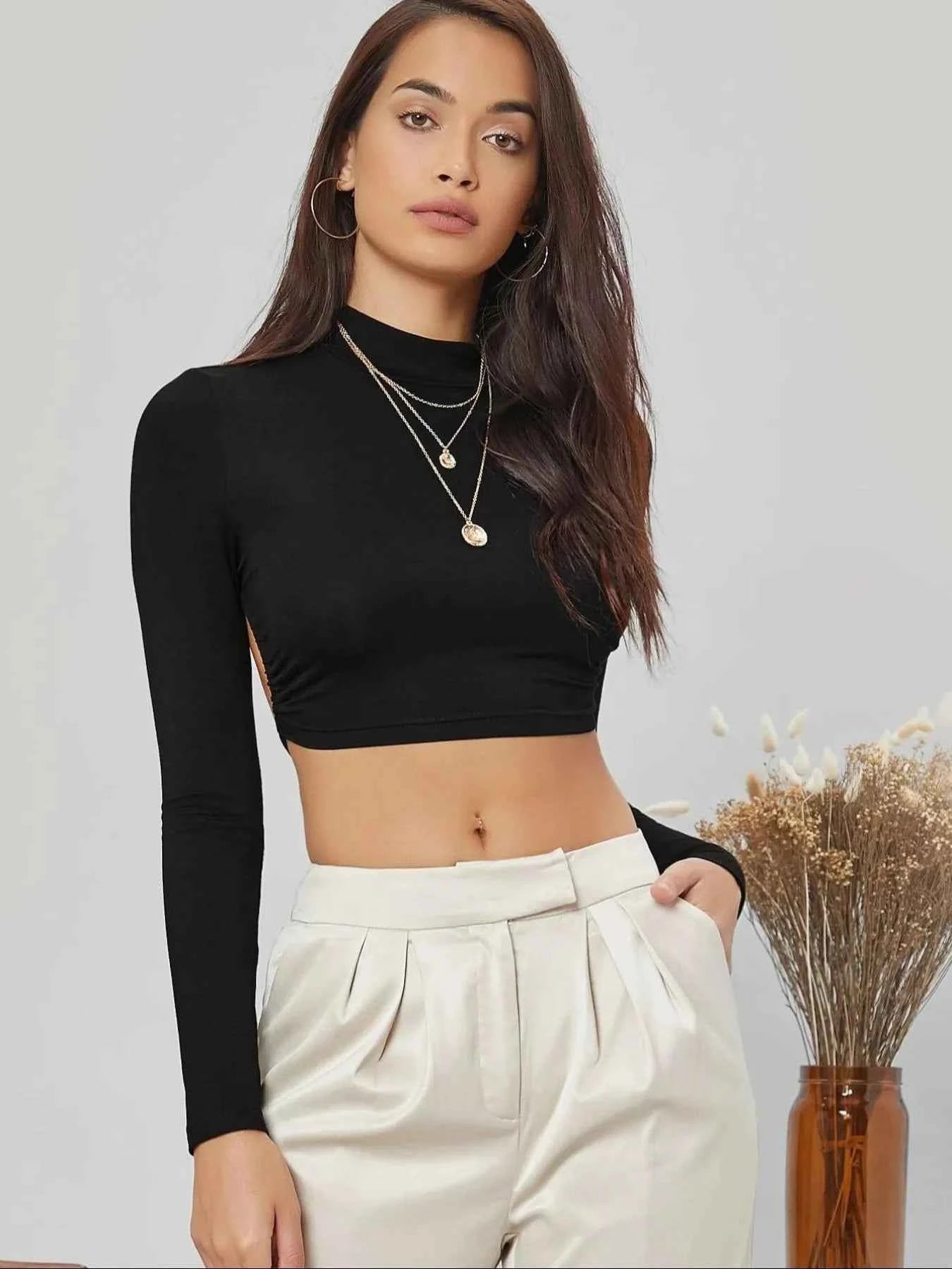 Backless Long Sleeve Cropped Mock Neck T-Shirt Black a27714af-3a2b-42a5-acda-d573038d02ed-Max-Origin